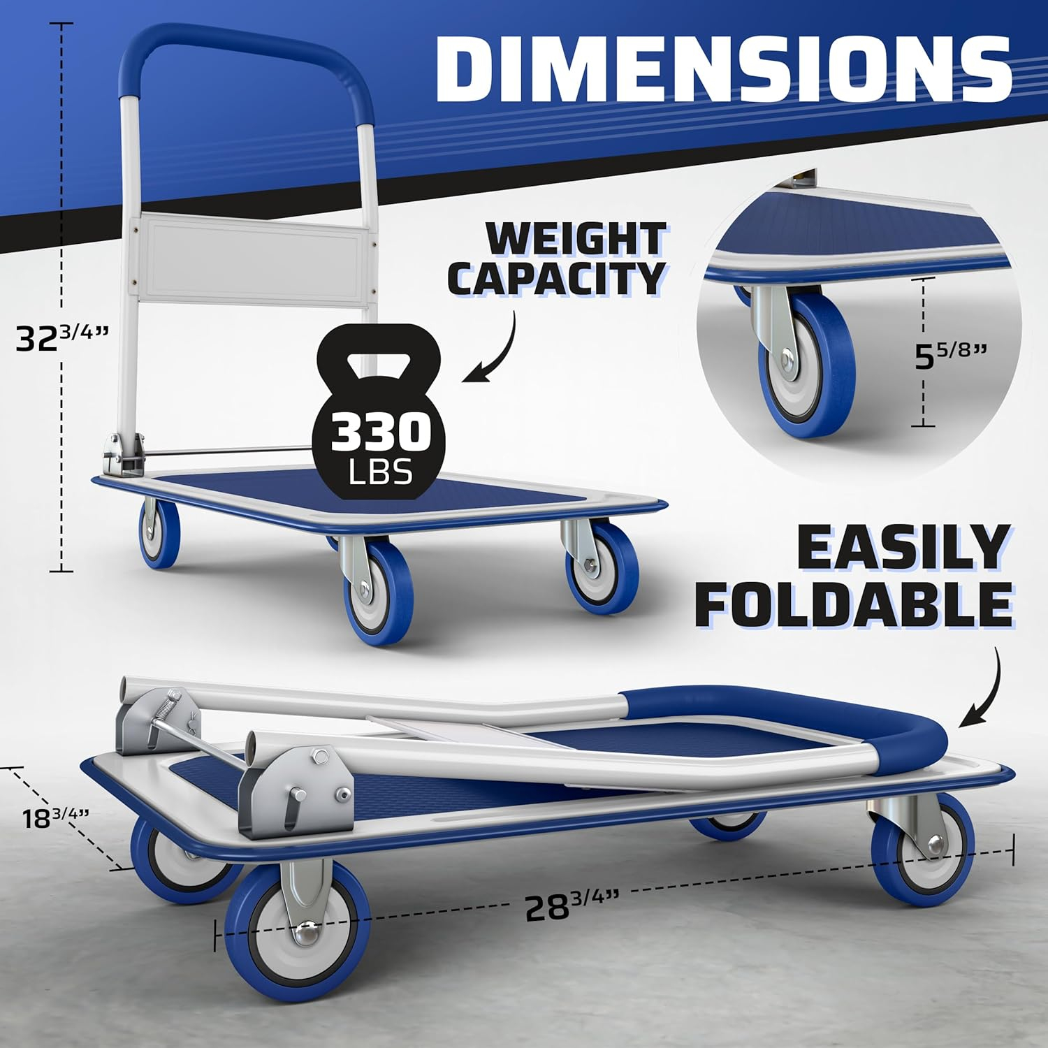 QuellQuest Upgraded Foldable Push Cart  | 330 lbs. Capacity Moving Platform Hand Truck | Heavy Duty Space Saving Collapsible | Swivel Push Handle Flat Bed Wagon(Blue)