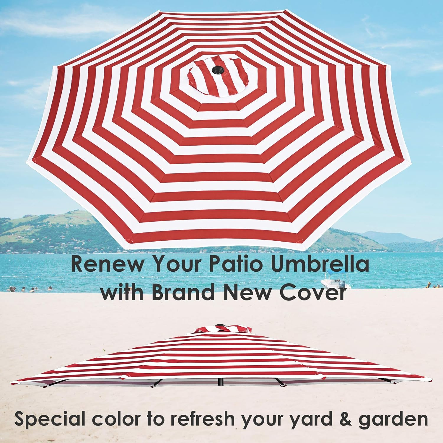 Red and White Striped 10' Polyester Patio Umbrella Canopy