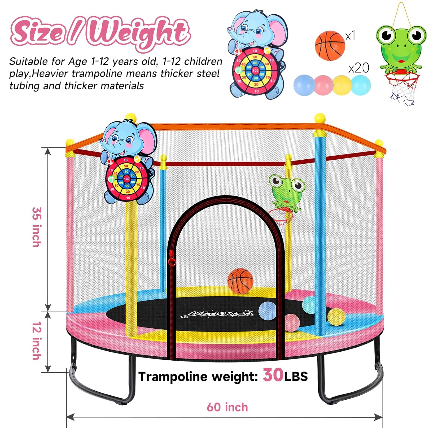 Pink Indoor Trampoline for Kids 2-5, 5ft Mini Indoor & Outdoor Small Toddler Trampoline with Net and Basketball Hoop