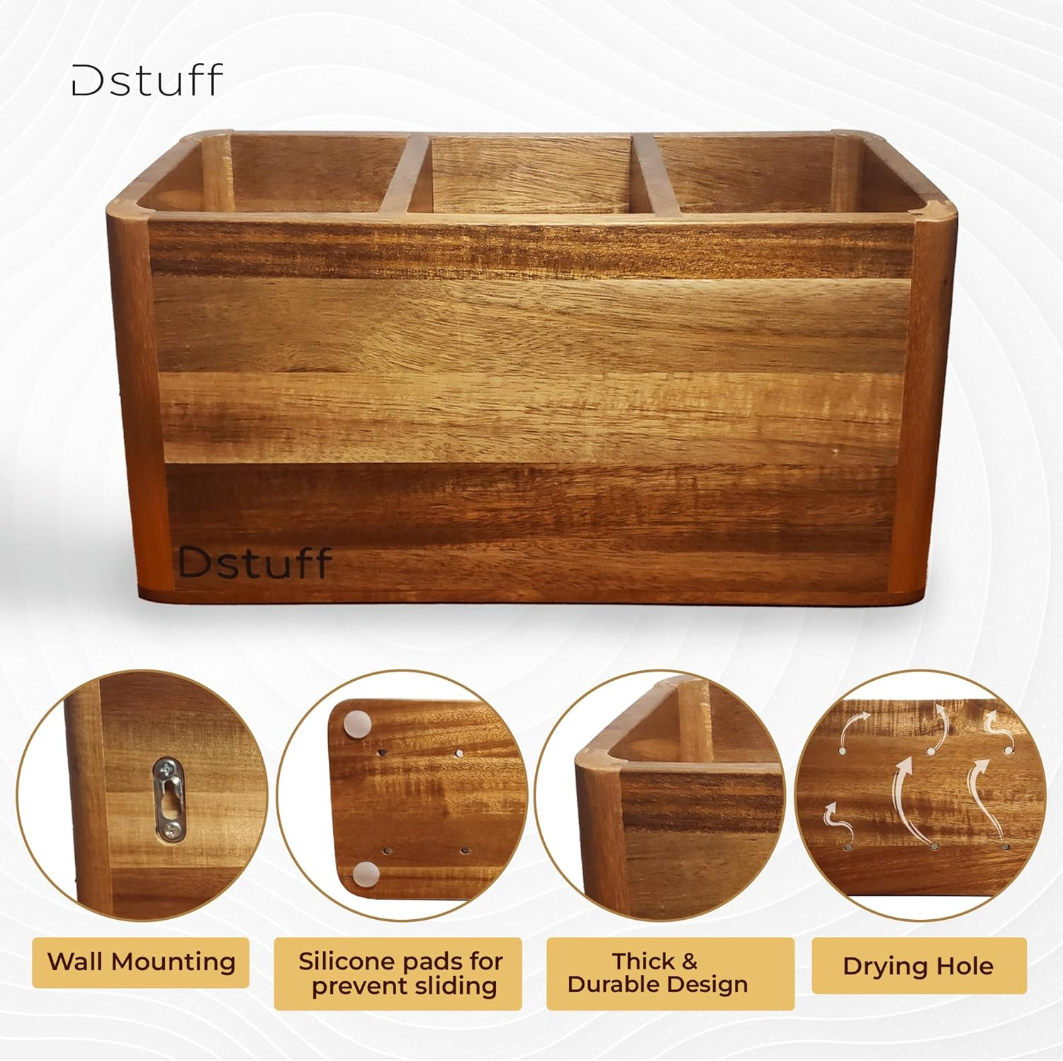 Large Kitchen Utensil Holder Organizer for Counter or Countertop, Large Wooden Utensil Holder for Storage Cooking and Silverware with 3 Compartment, Acacia Rustic Wood Container Extra Large
