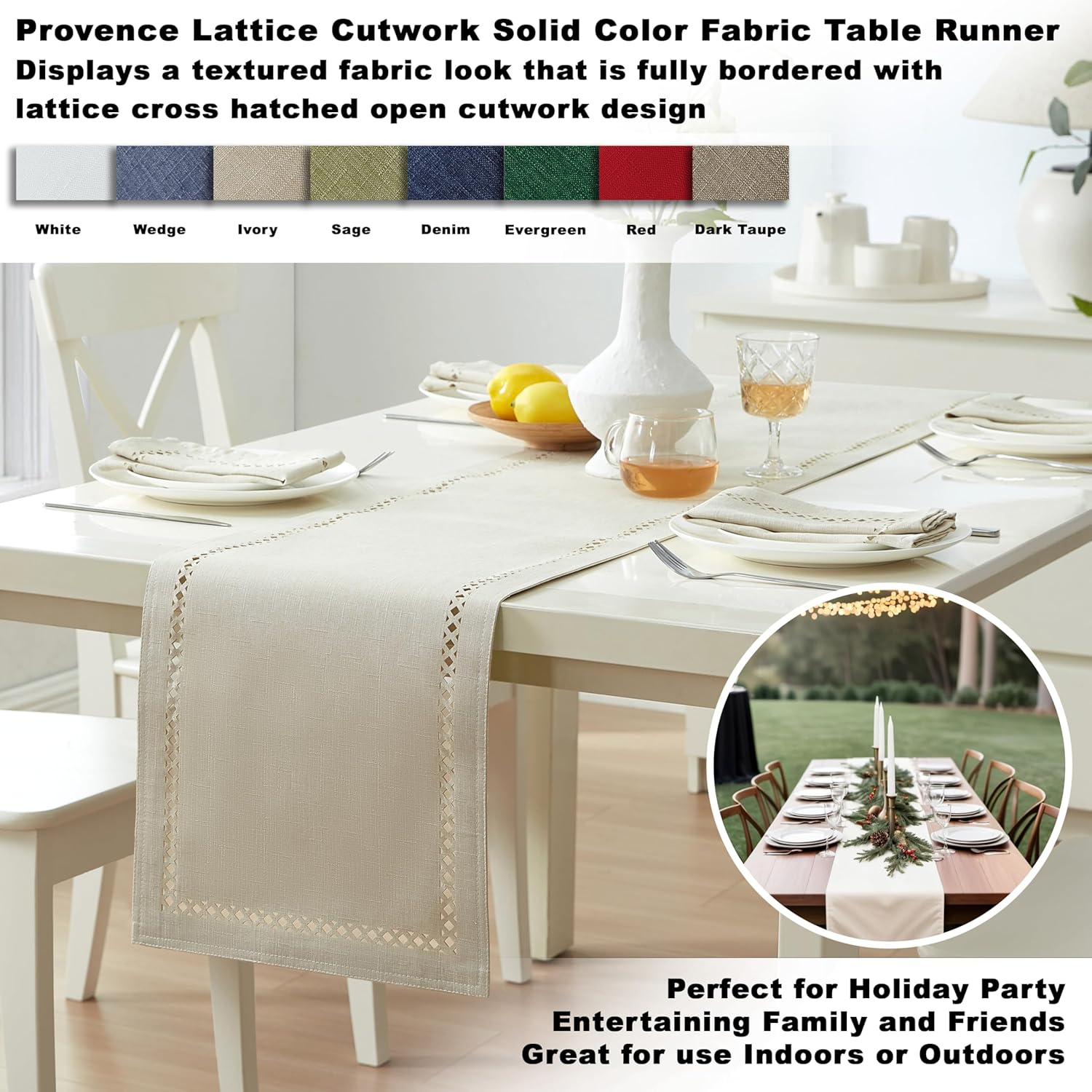Newbridge Provence Lattice Cutwork Solid Color Textured Fabric Table Runner, 70 Inch Long, Ivory