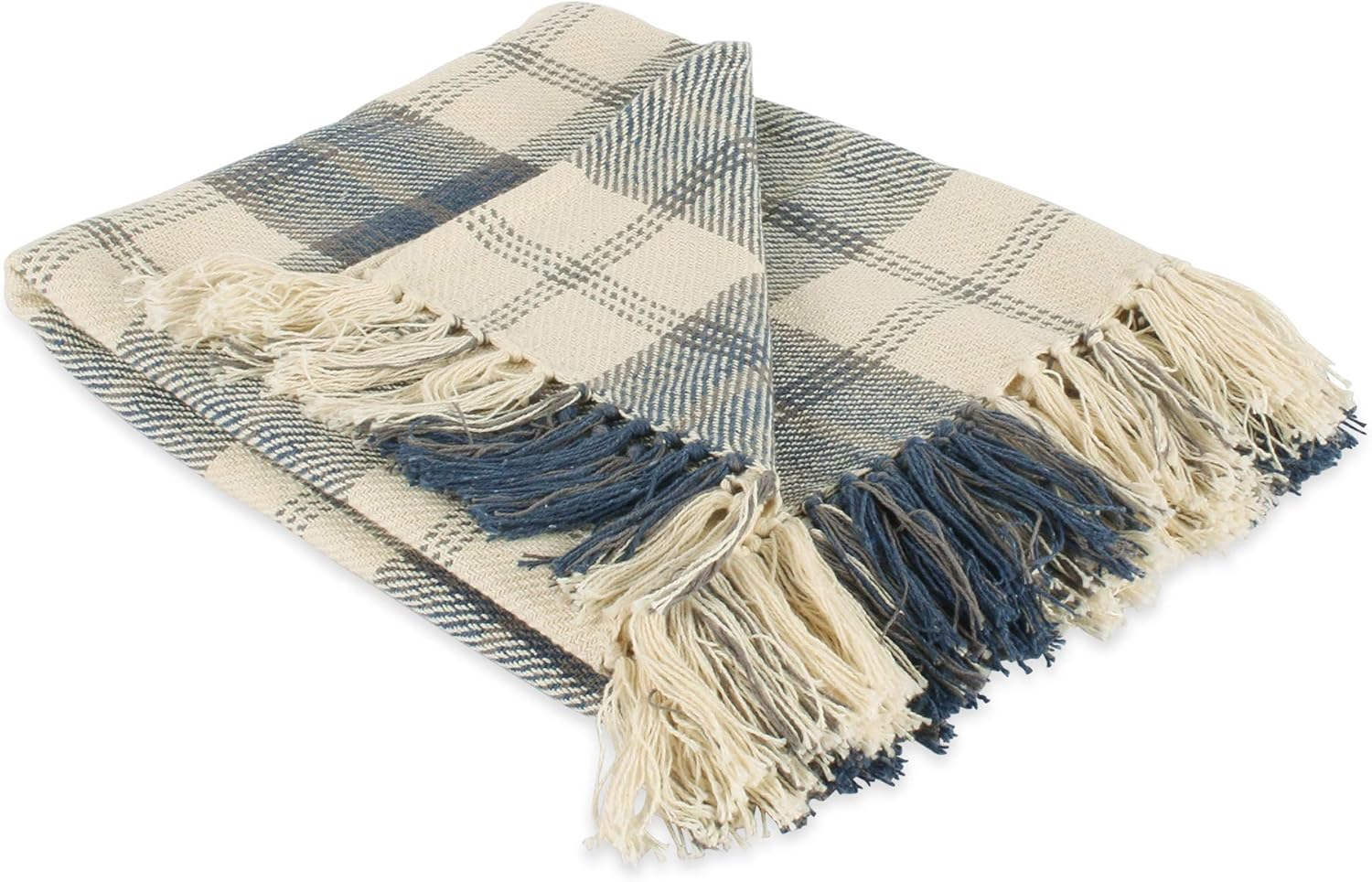 Farmhouse Beige and Blue Cotton Plaid Throw Blanket with Fringe