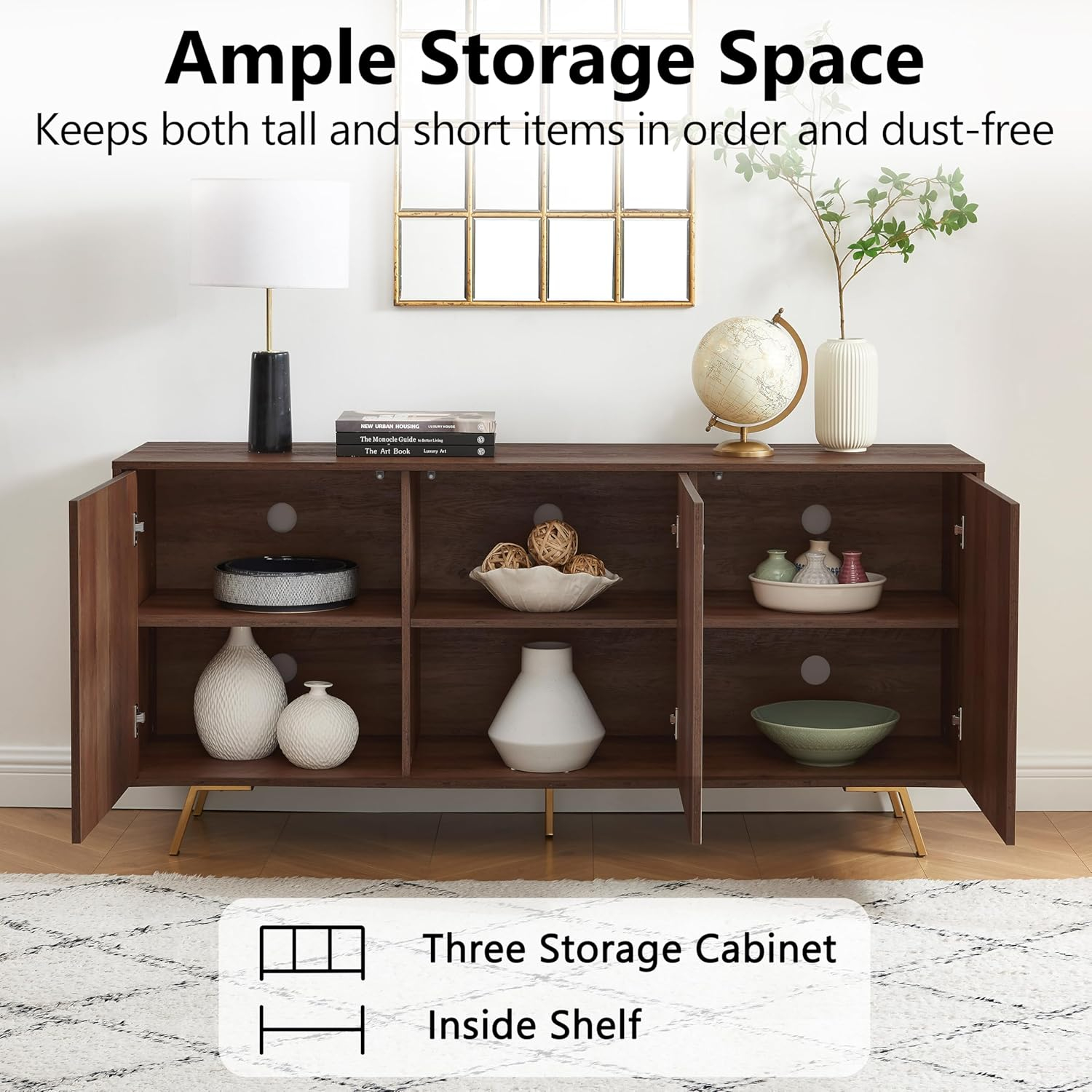 63'' Dark Walnut and Gold Mid Century Modern Sideboard Buffet