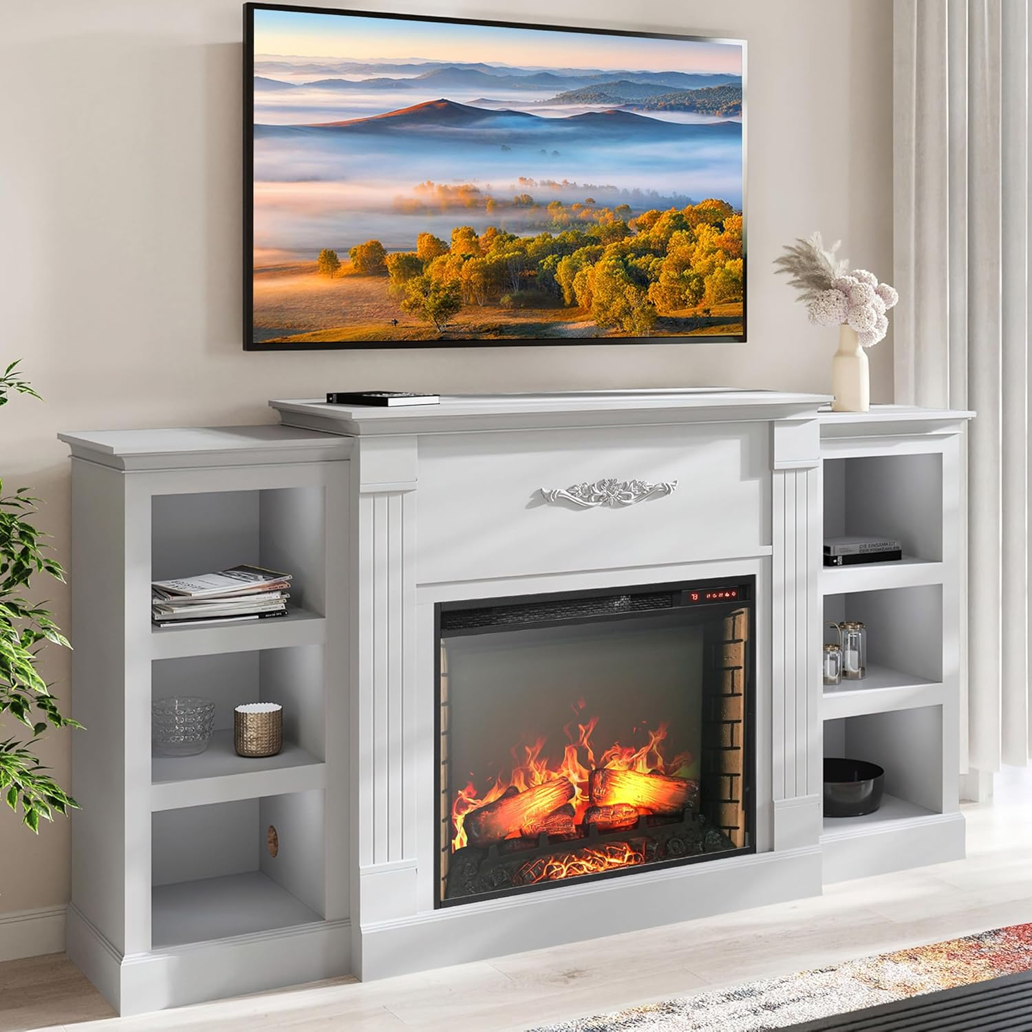 BELLEZE Modern 70" Electric Fireplace Heater Mantel TV Stand & Media Entertainment Center for TVs up to 68" with Energy-Efficient Heater with Sound and Side Book Shelves - Lenore (White)