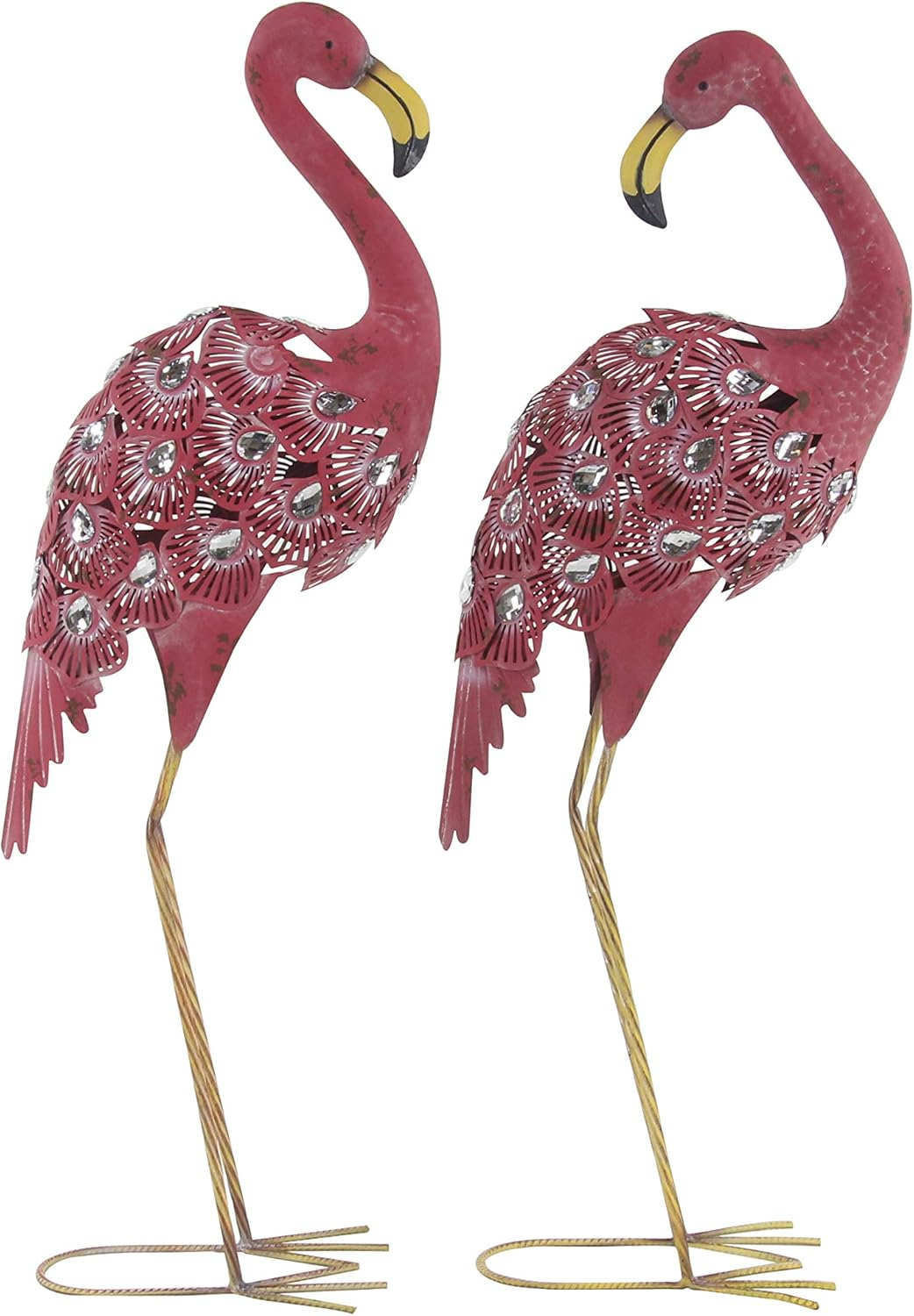 DecMode Coastal Outdoor Metal Standing Pink Flamingo Garden Sculpture, Set of 2 10"W x 38"H