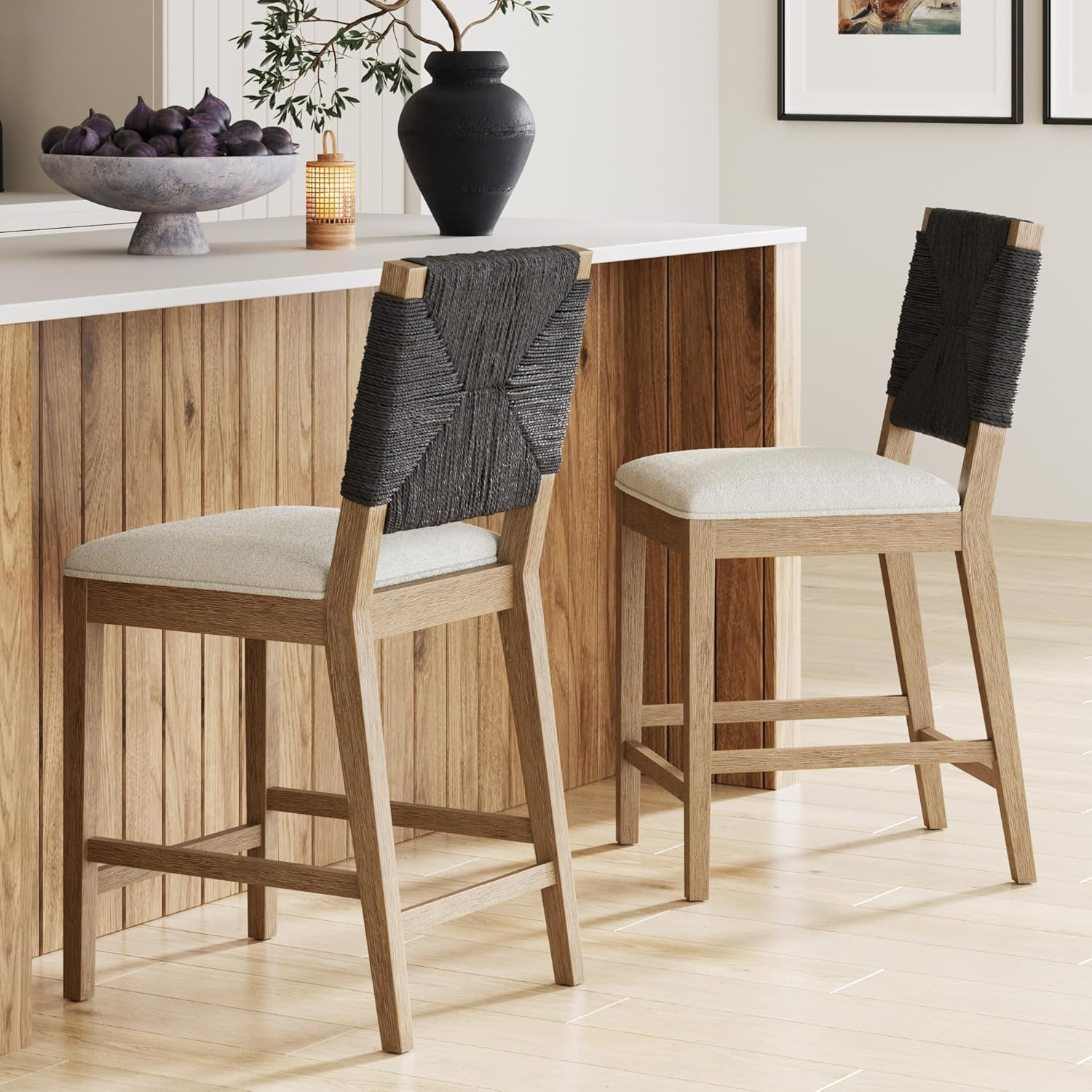 Nathan James Beacon Bohemian Boucle Bar Stool, Upholstered Bar Stool or Island Chairs for Kitchen, Seagrass Counter Height Stool with Back and Solid Wood Legs, Cream Boucle/Gray, Set of 2
