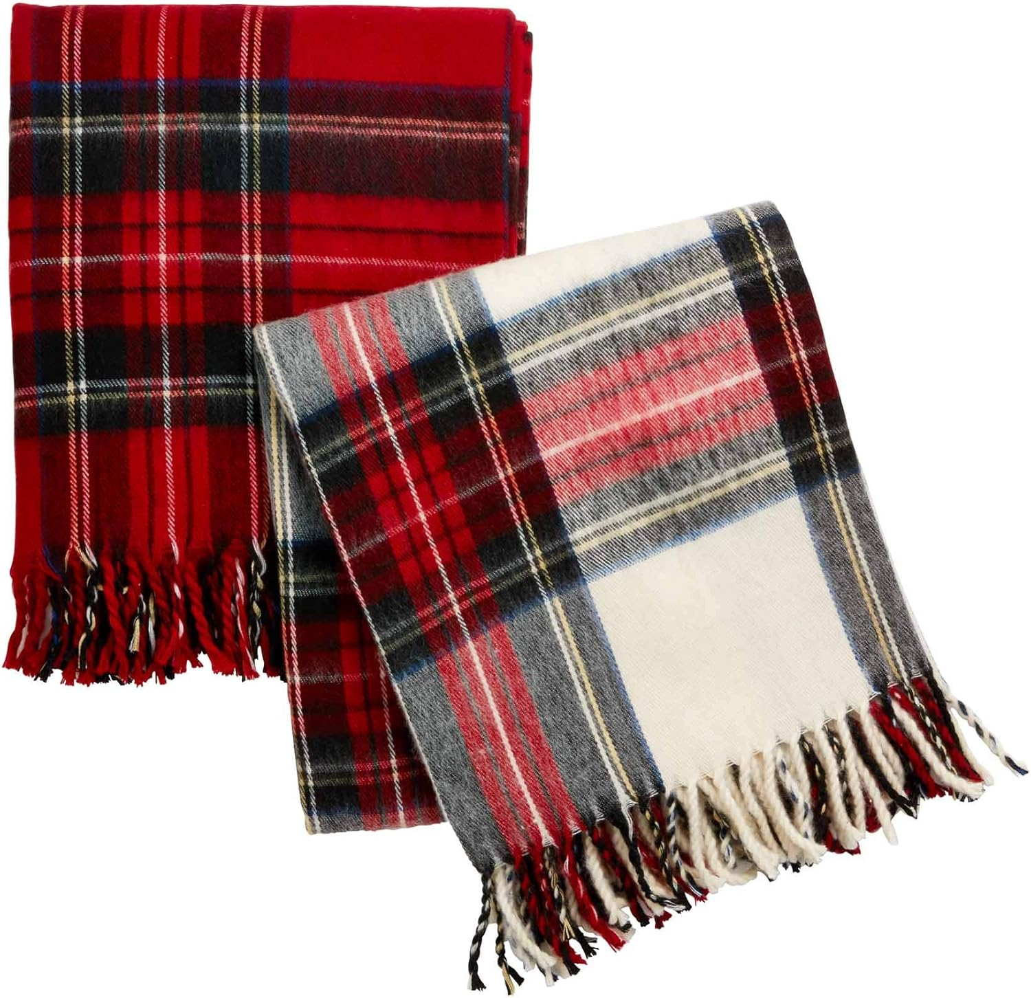 Red and Multicolor Cotton Knitted Tartan Fringe Throw Blanket