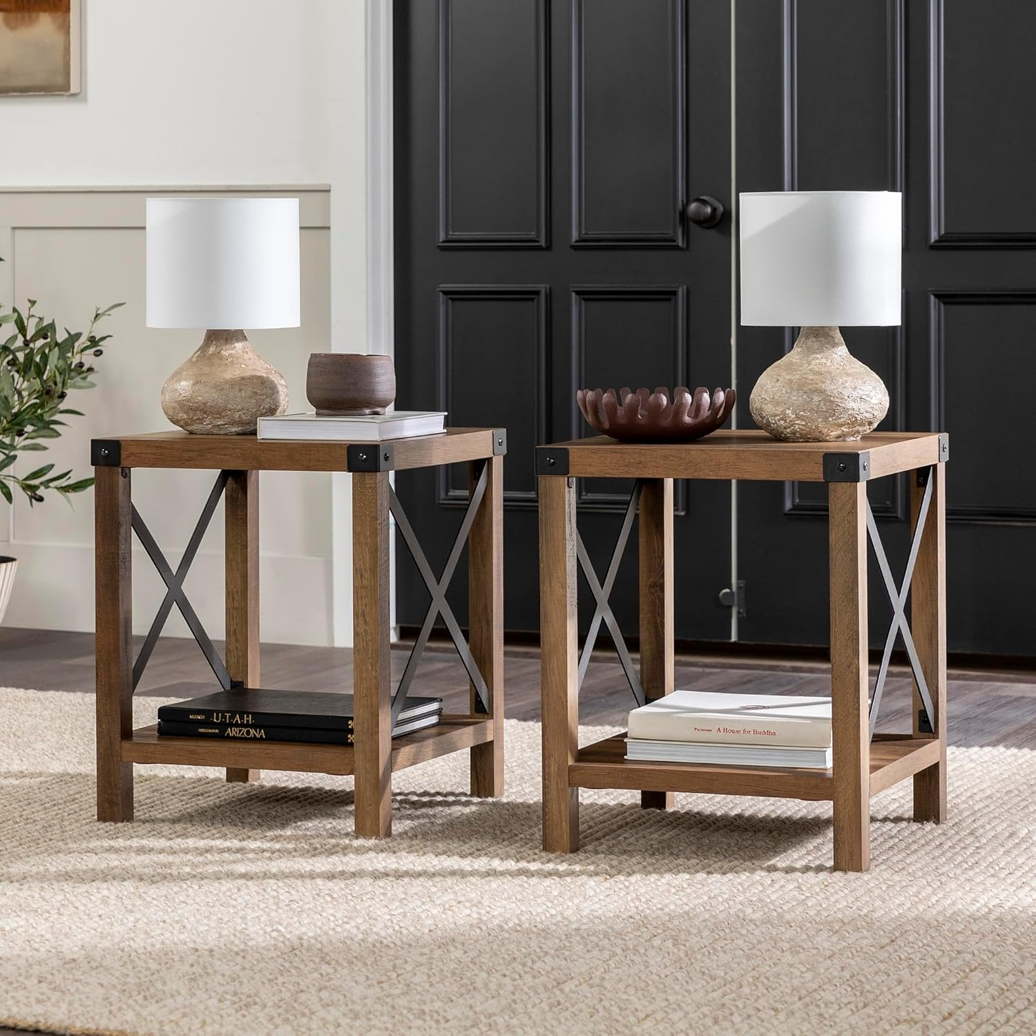 White Oak and Metal Farmhouse End Table with Lower Shelf