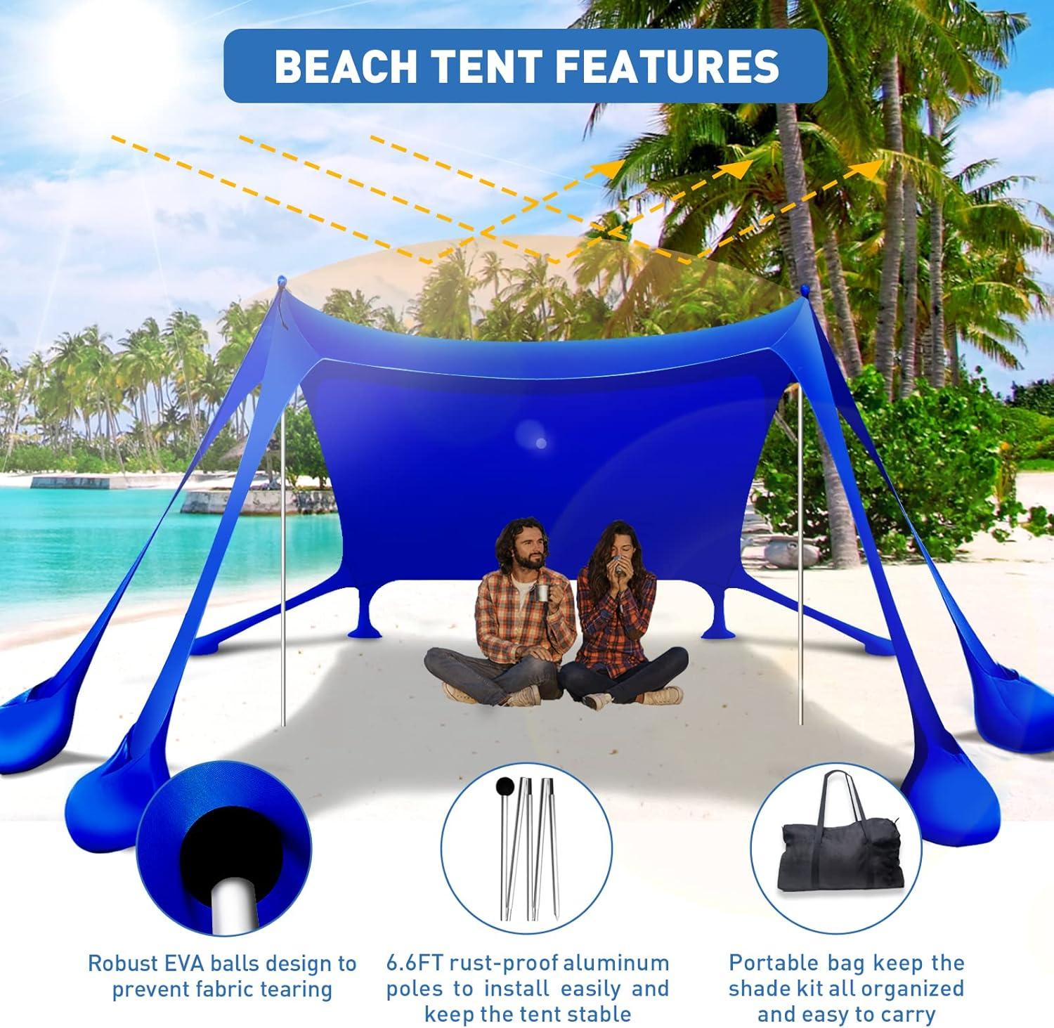 Beach Tent Canopy Pop Up Shade 10x10ft Sun Shelter Portable Family UPF50+ with 8 Sandbags-2 Sand Shovel-4 Aluminum Poles-Ground Pegs-Carrying Bag for Outdoor Camping Fishing Backyard Picnic