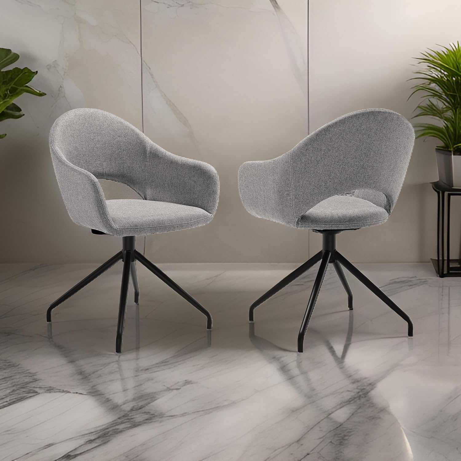 Homestock Tribal Treasures Swivel Upholstered Dining Chair in Gray Fabric with Black Metal Legs - Set of 2