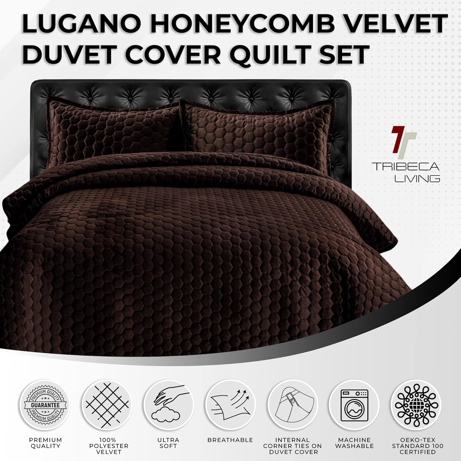 Chocolate Queen Velvet Reversible Quilt Set with Honeycomb Stitch