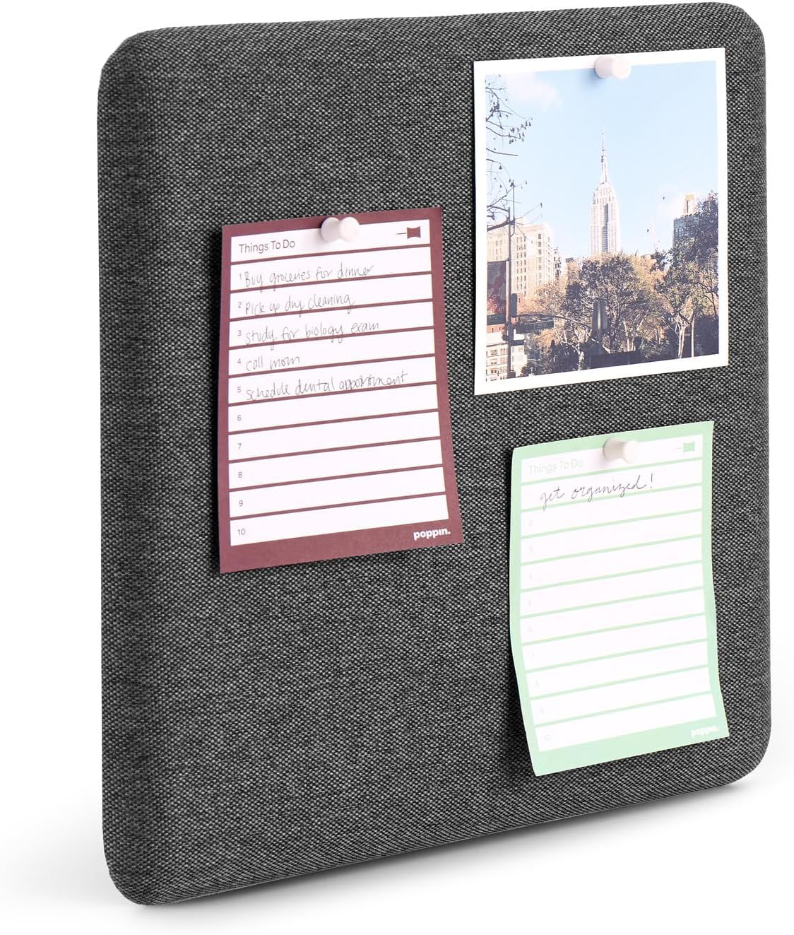 Poppin Fabric Pinboard - Small Bulletin Board, Pinboard for Walls and Refrigerators - Includes 3 Mounting Options (Adhesive Strips, Magnets, and Screws) - 12.5" Square (Dark Grey)