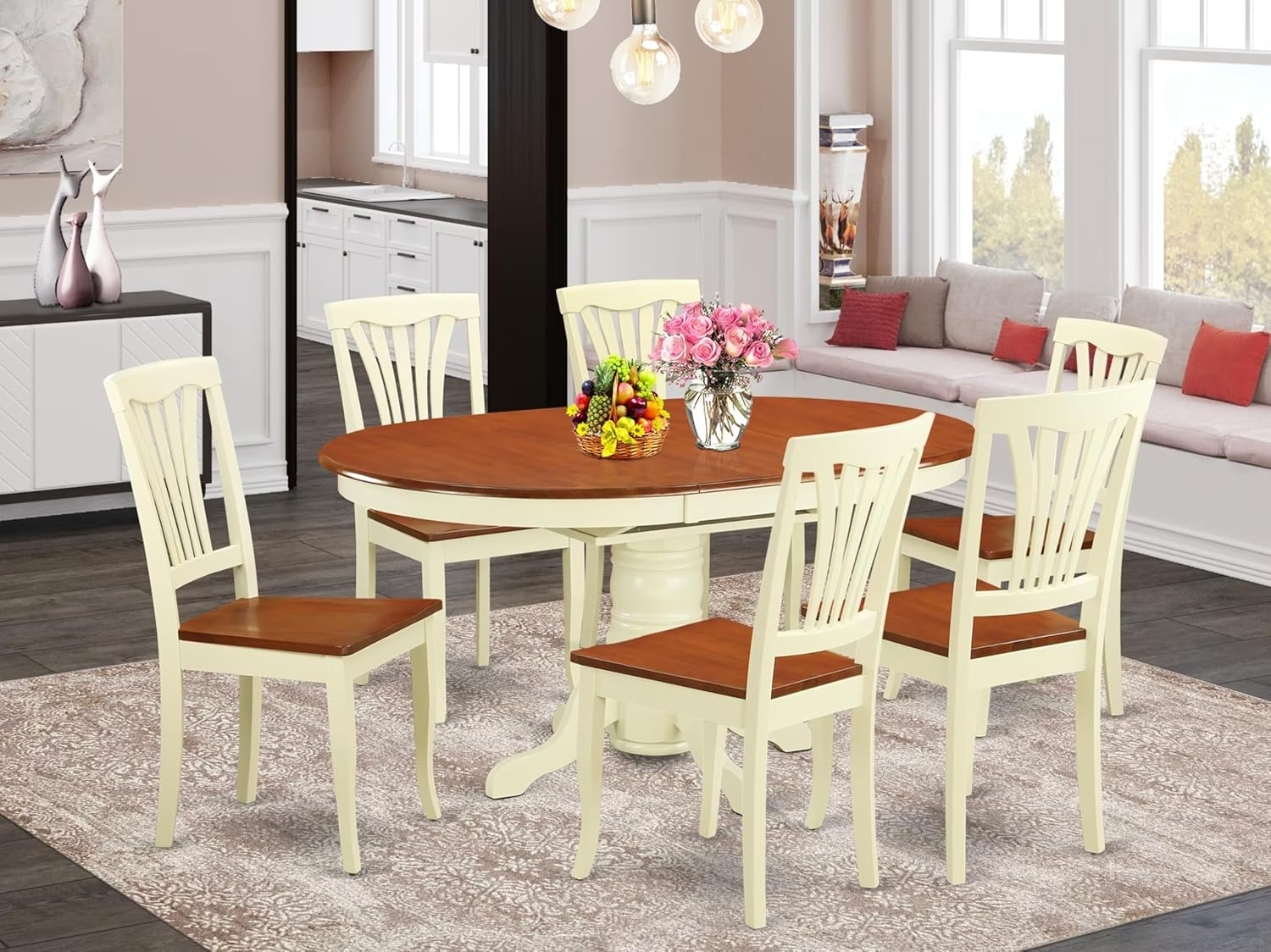 East West Furniture  Dining Room Furniture Set- an Oval Kitchen Table and 6 Dining Chairs, Buttermilk & Cherry