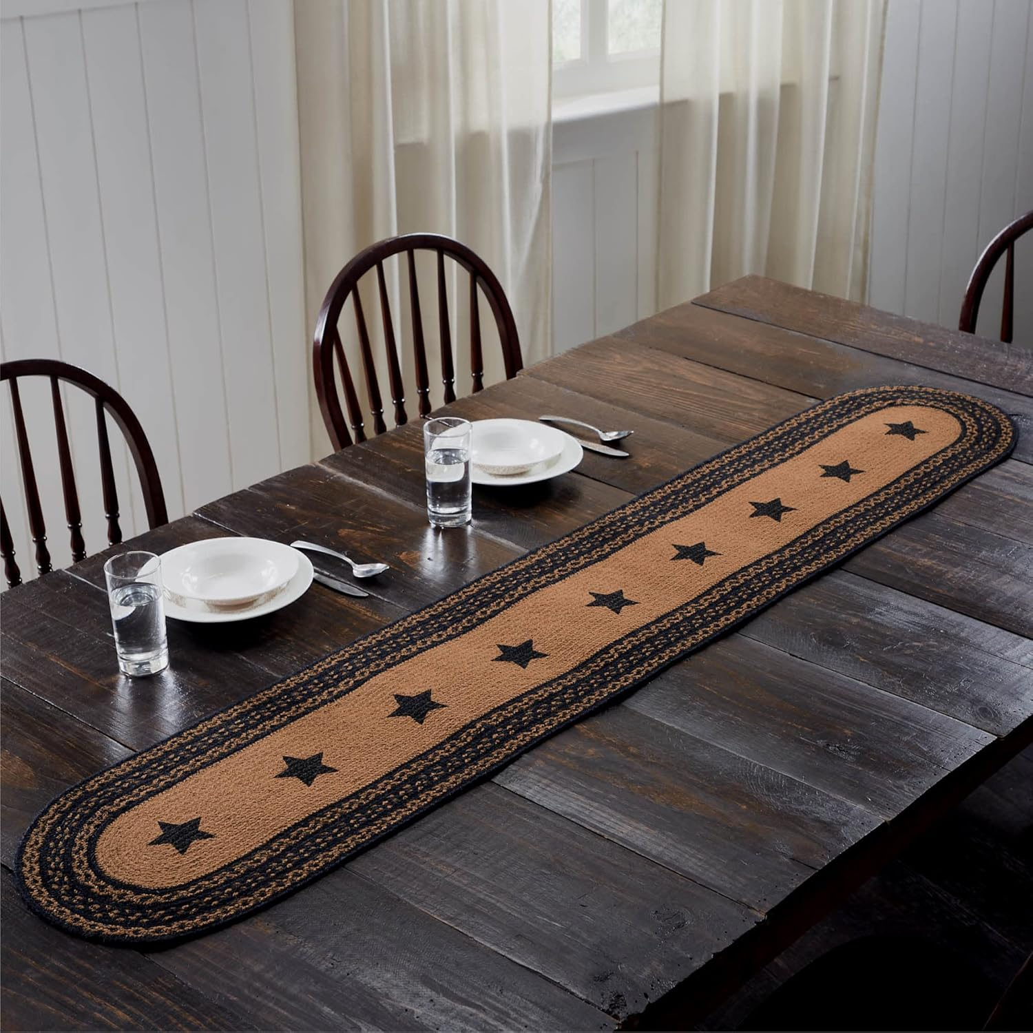 VHC Brands Farmhouse Star, Braided Jute Table Runner, Oval, Black Tan, 13x72