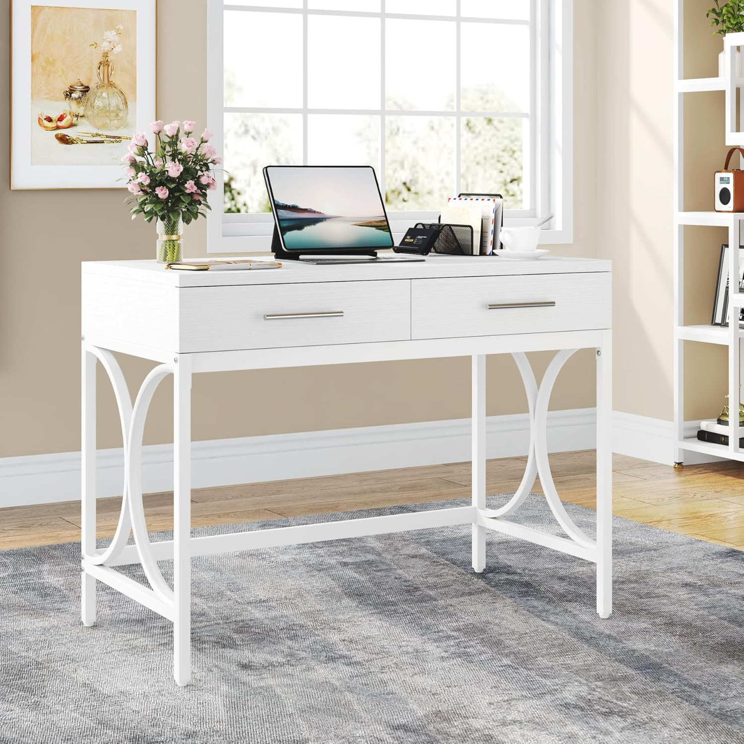 Tribesigns Modern Computer Desk with 2 Drawers, 41 Inches Study Writing Office Desk for Home Office, Bedroom, Makeup Vanity Table Desk with Metal Frame, White