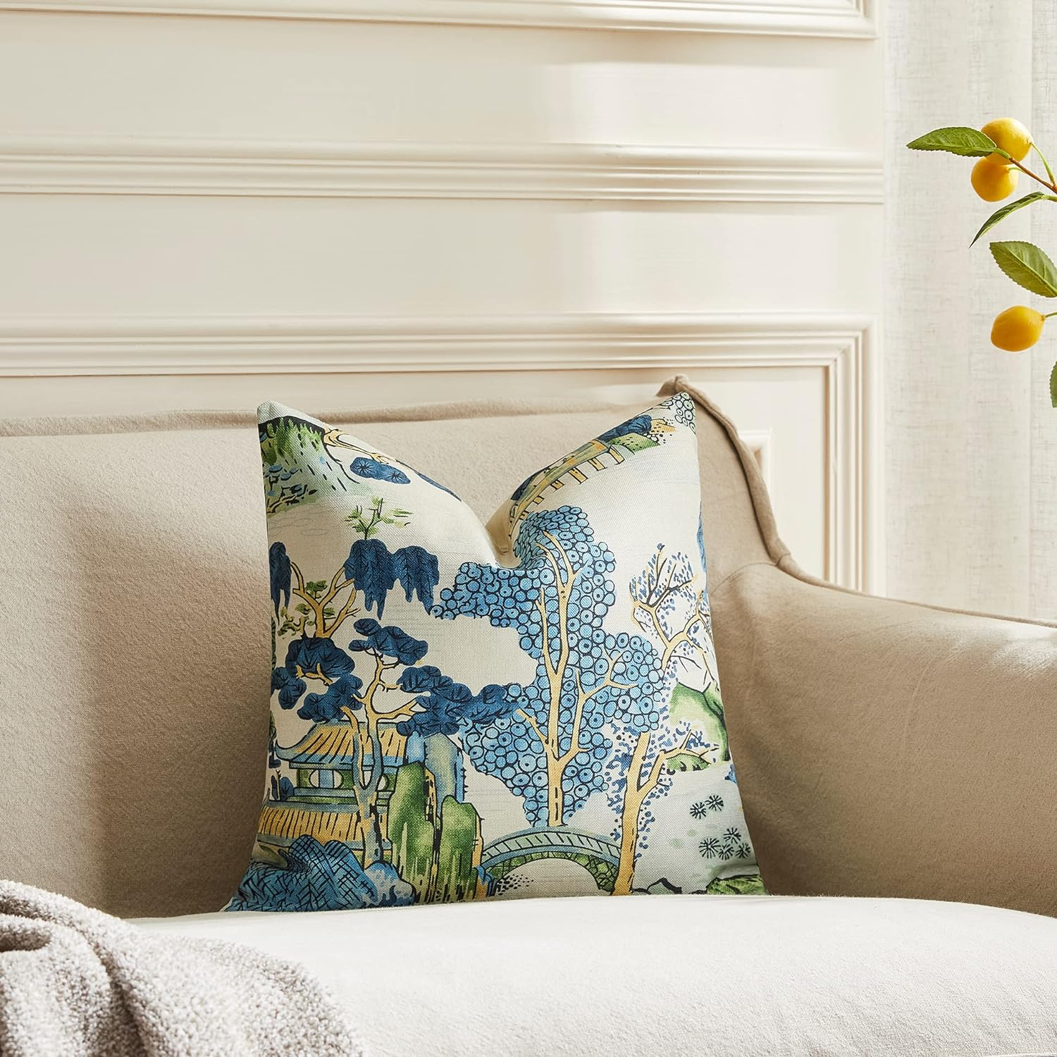 Chinoiserie Pillow Covers 20 x 20 Set of 2 Asian Scenic Linen Throw Pillow Cover Vintage Blue and Green Farmhouse Decorative Pillowcases for Living Room Couch Bed Sofa Outdoor