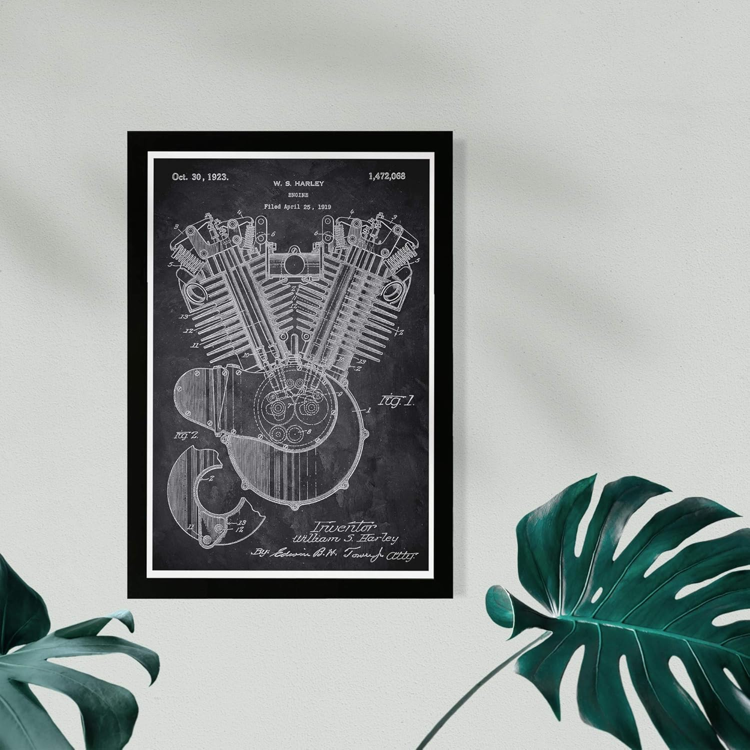 Wynwood Studio Transportation Framed Wall Art Prints 'Harley Engine 1923 Chalkboard' Motorcycles Home Décor - Black, White, 13" x 19"