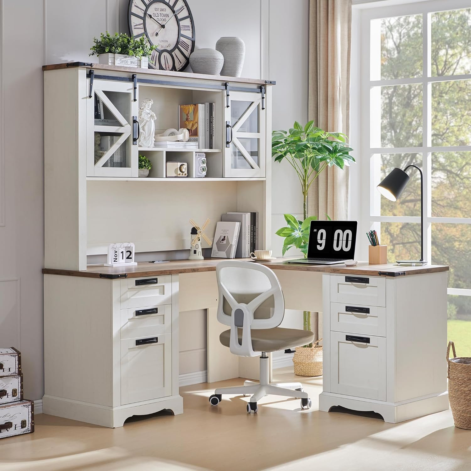 RedLemon 60" Farmhouse L Shaped Desk with Hutch, Wood Home Office Executive Desk with Drawer, Charging Station, File Drawer, Storage Cabinet, Rustic Writing Computer Desk (Antique White)
