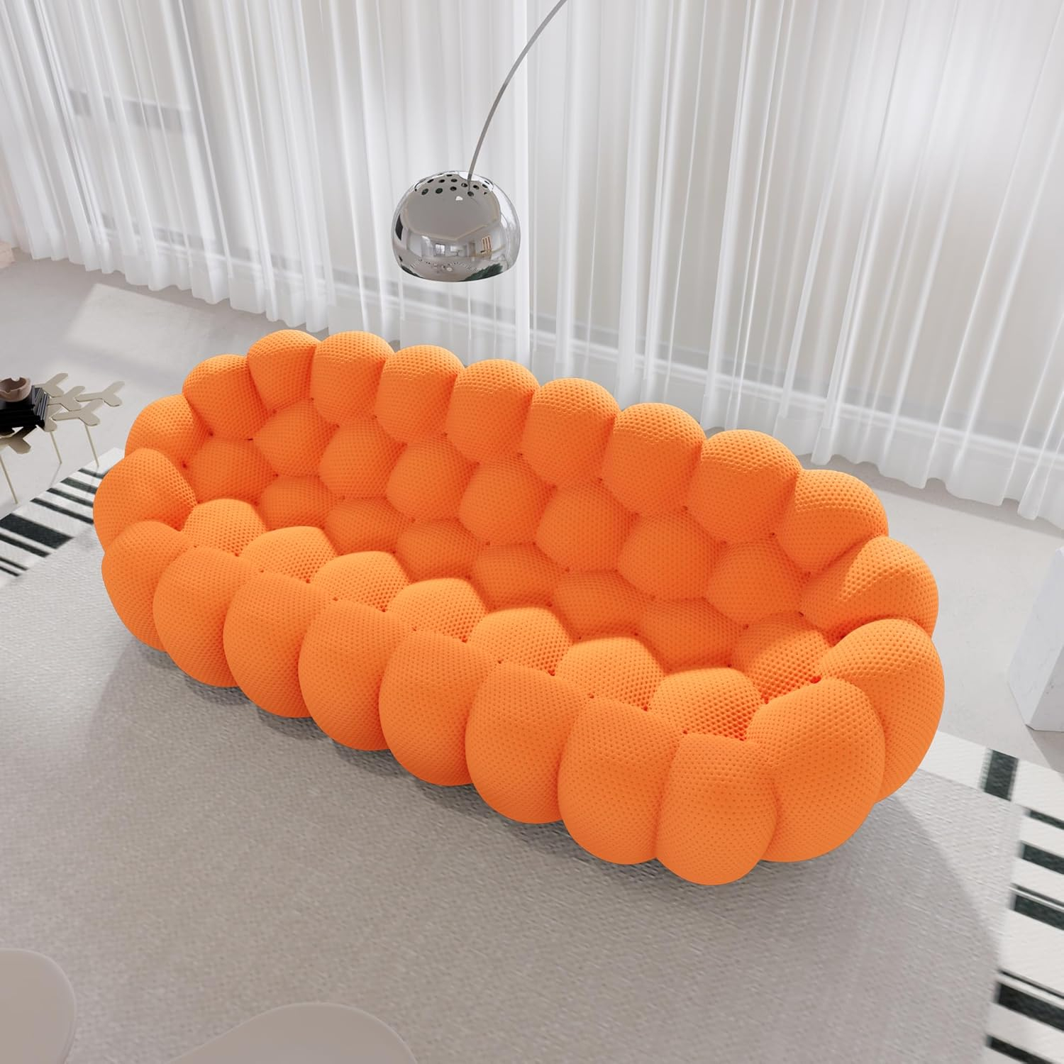 Bubble Couch, 98.43'' Modern 3-Seater Lazy Floor Couch, Memory Foam Bubble Round Sofa 3D Honeycomb Shape Curved Sofas for Living Room, Office, Apartment (Orange)