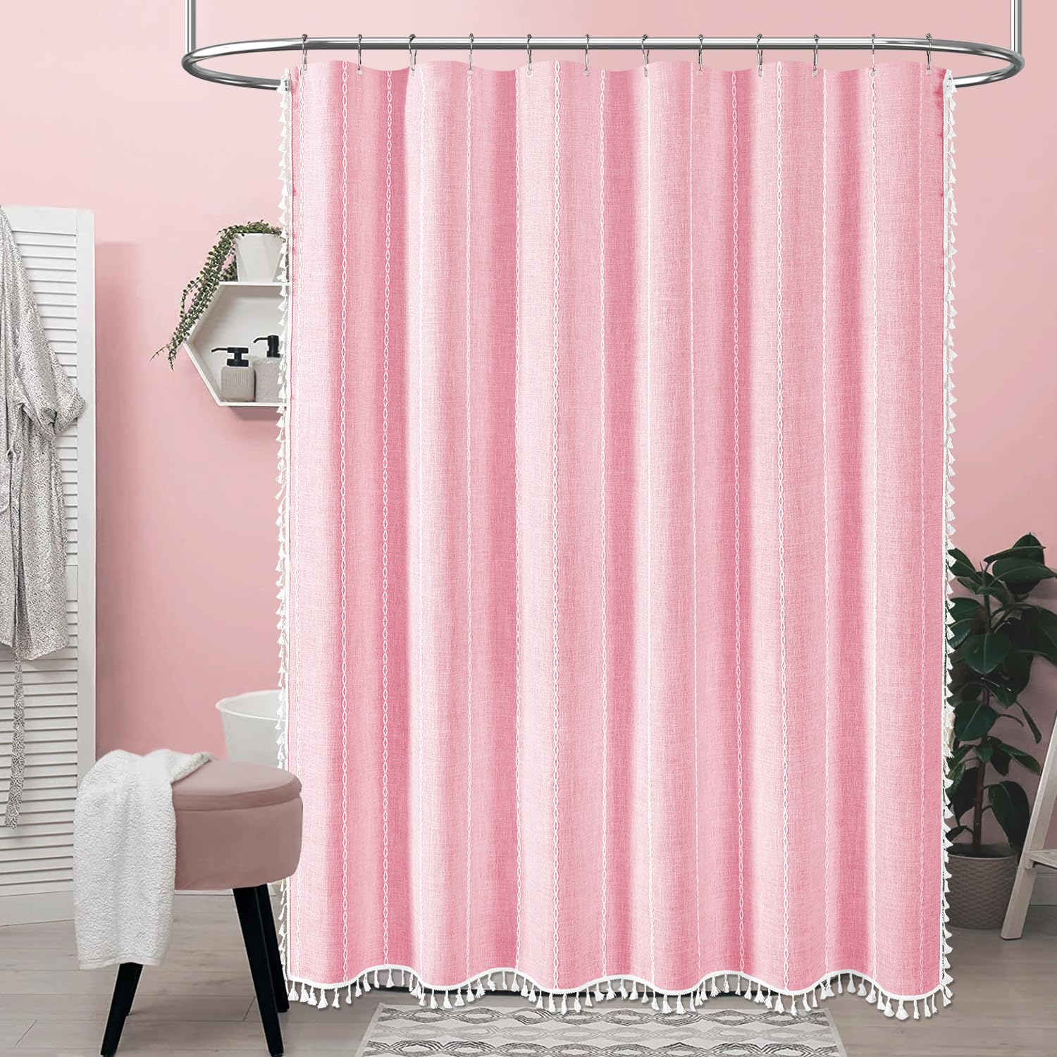 BTTN Pink Boho Shower Curtain, Linen Rustic Striped Fabric Shower Curtain Set with Tassel, Water Repellent, Bohemian Modern Farmhouse Cloth Shower Curtain for Bathroom with Hooks, 72"x72", Blush