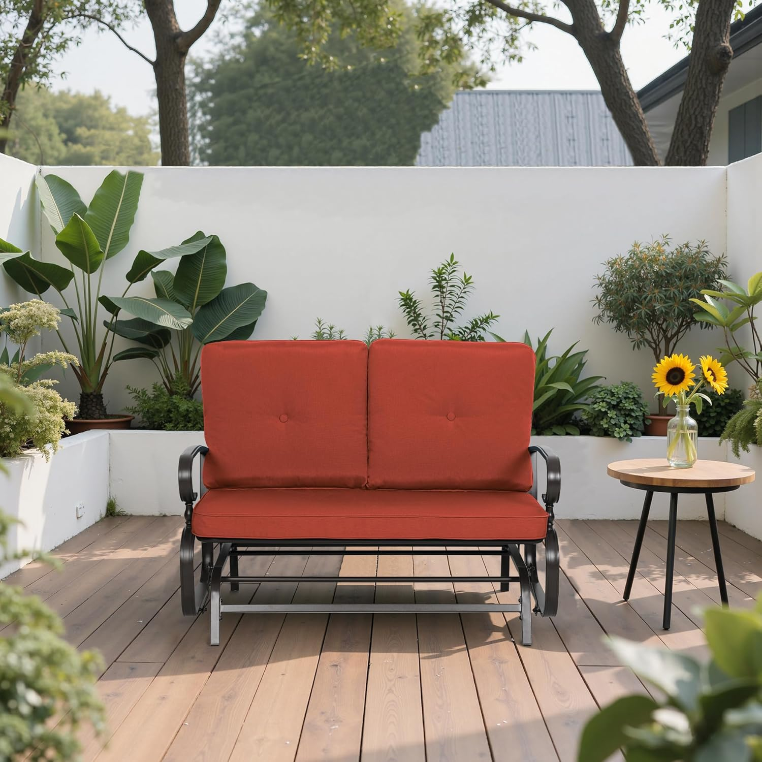 Outdoor Loveseat Patio Glider Rocking Bench 2 Seats Wrought Iron Chair Set with Red Cushion