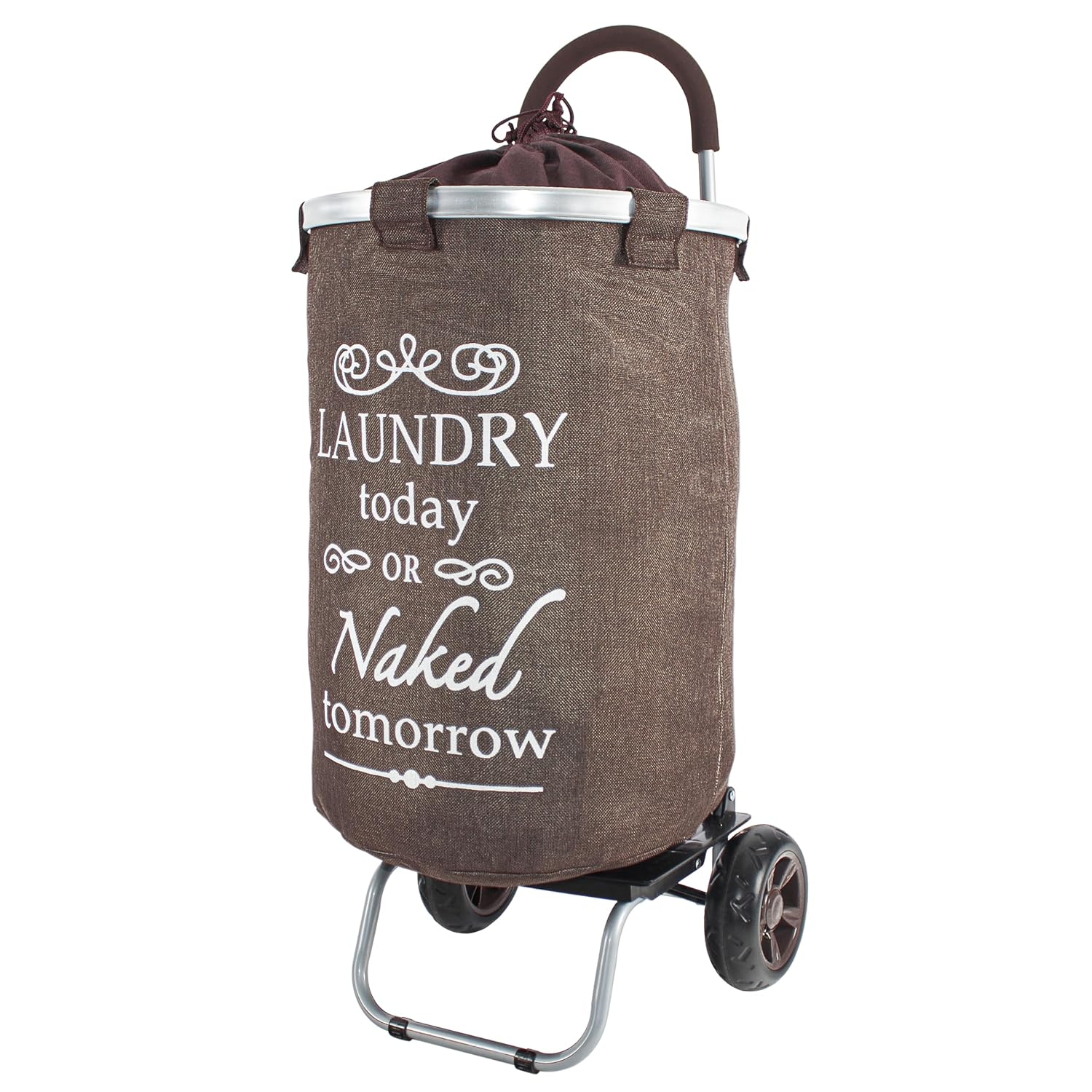 Brown Collapsible Round Laundry Hamper with Wheels and Faux Burlap