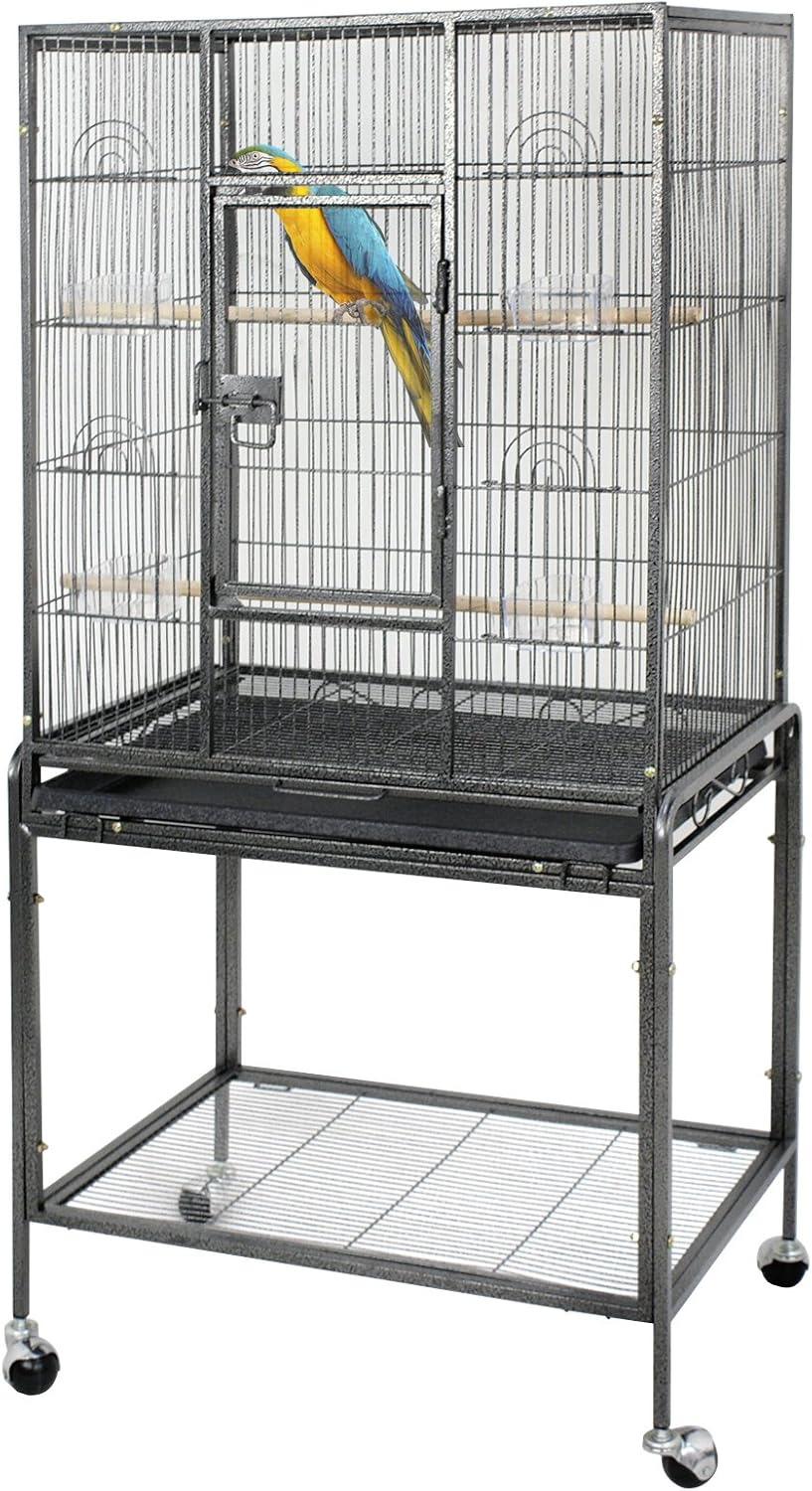 SUPER DEAL 53-Inch Rolling Bird Cage Large Wrought Iron Cage for Cockatiel Sun Conure Parakeet Finch Budgie Lovebird Canary Medium Pet House with Rolling Stand & Storage Shelf