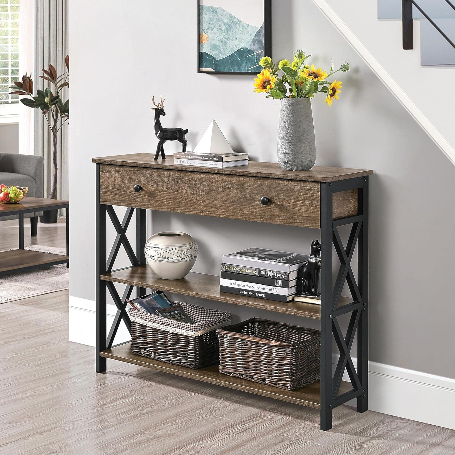 Yaheetech Console Table with Drawer and 2 Open Storage Shelves, Sofa Table for Living Room, 3-Tier Narrow Entryway Table, X-Shaped Design, Taupe Wood