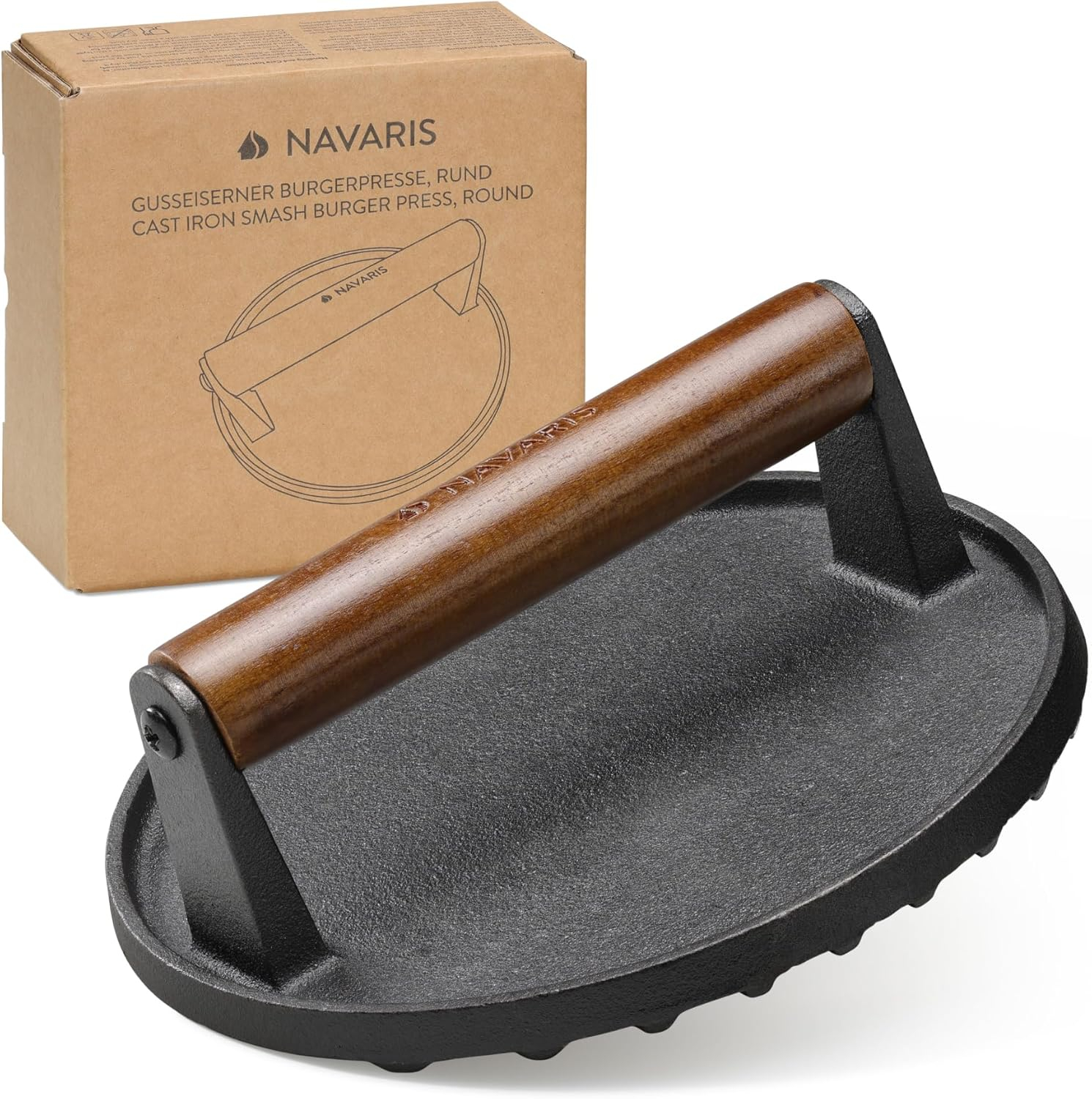 Navaris Cast Iron Round Burger Smasher - Food Grade Smash Burger Press with Wooden Handle - Grill BBQ Meat Patty Maker - Chef Press Burger Weight