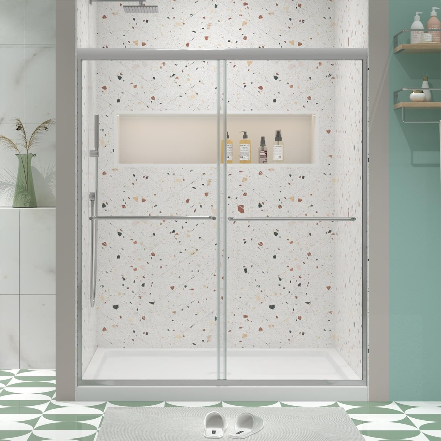 56"-60"W*58" H Semi-Frameless Double Sliding Tub Door, Bypass Bathtub Shower, 1/4" (6mm) Thick SGCC Tempered Glass Door, Chrome