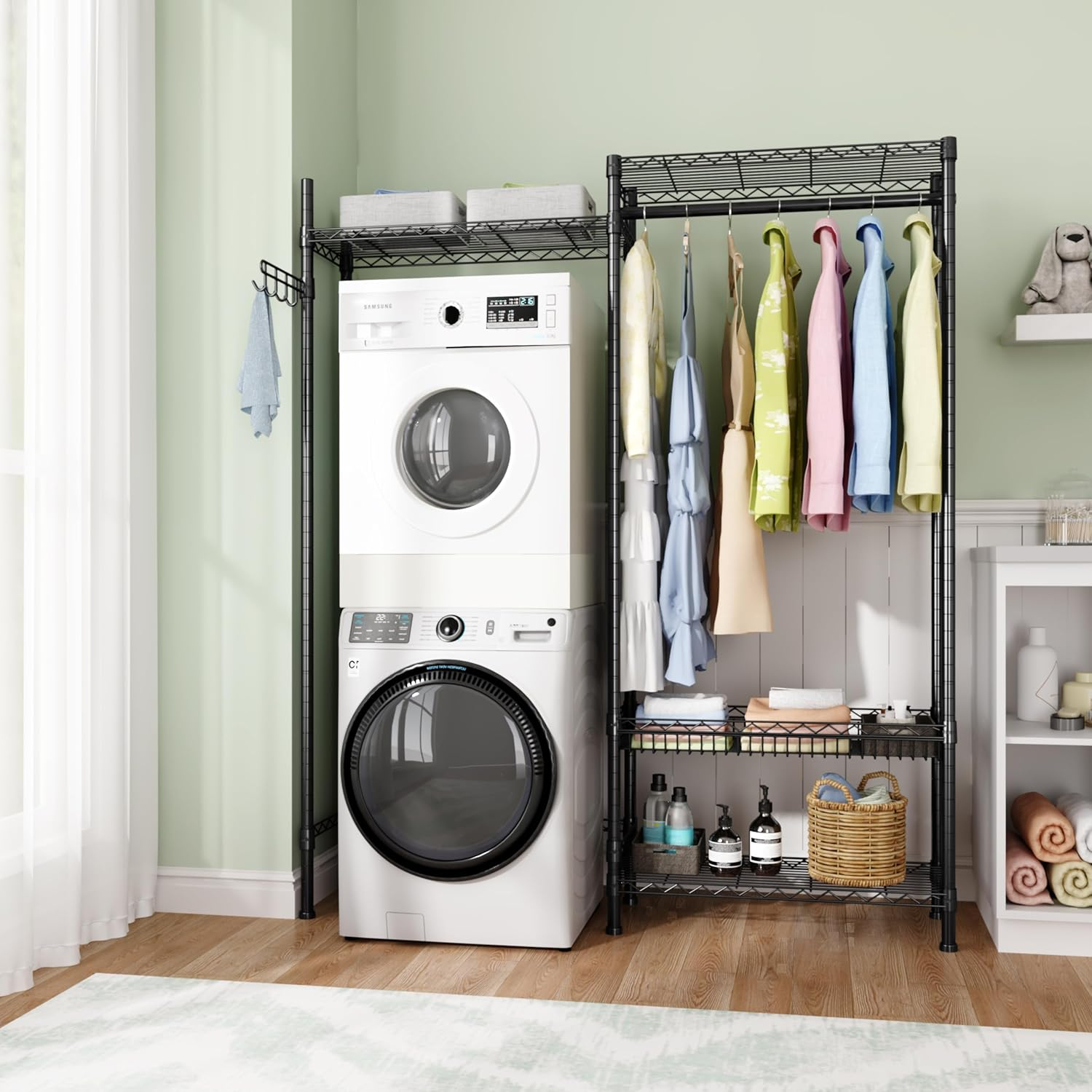 Over Washer and Dryer Shelves,Laundry Room Storage Organization Clothes Drying Rack,4 Tier Adjustable Height Wire Shelving with Wire Basket,Hanger Rod&Hook,Space Saving Shelf