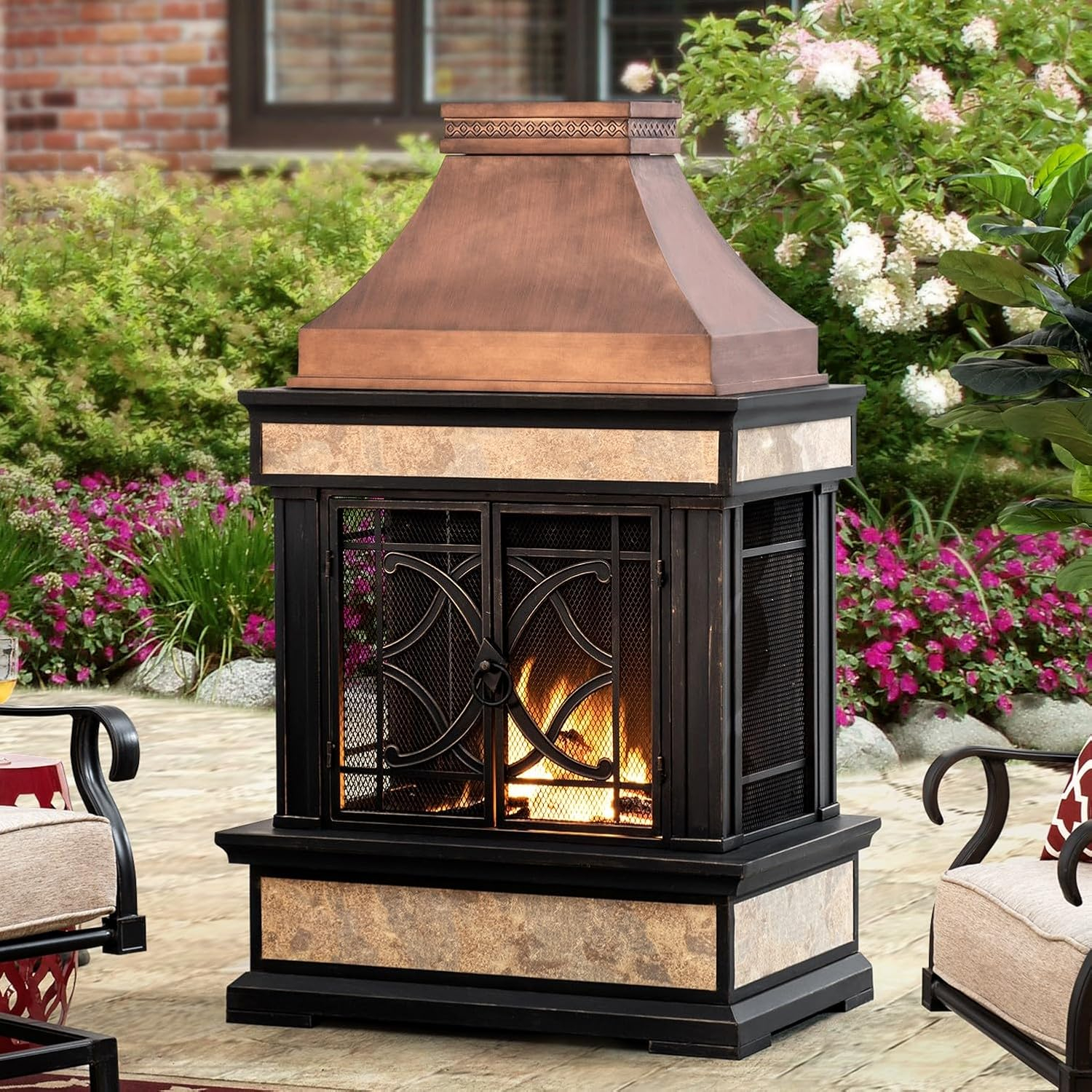 SUNJOY Outdoor 57 inch Steel Wood Burning Fireplace with Fire Poker and Rain Cover