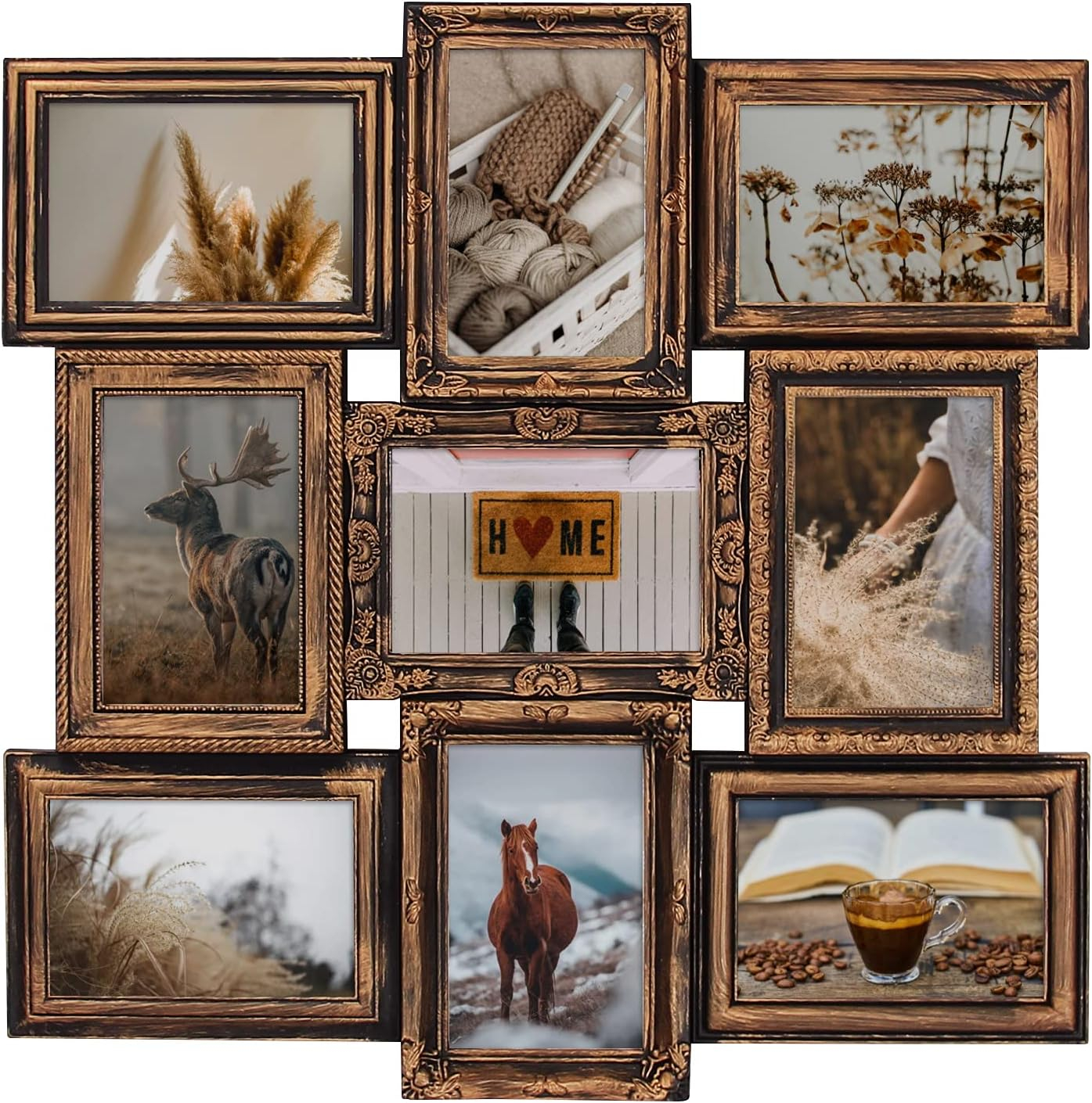 J.M.Deco Picture Frame Sets for Wall, 9 Opening Collage Frame, 6 x 4 With Family Friend's Memory, Rustic Distressed Photo Frame Wall Hanging for 4x6, Gold