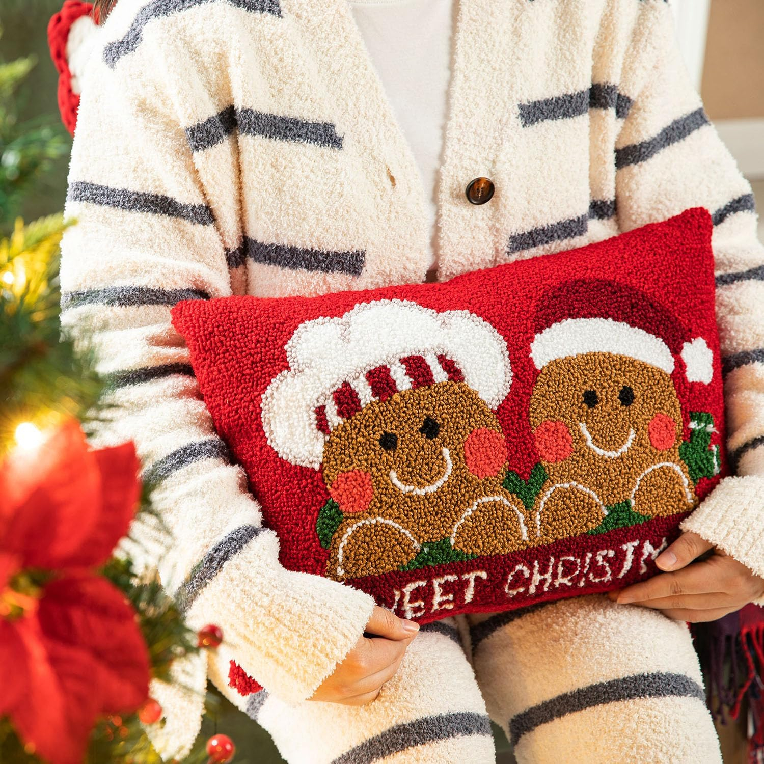 13.75" Red and White Unique Hooked 3D Snowman Pillow