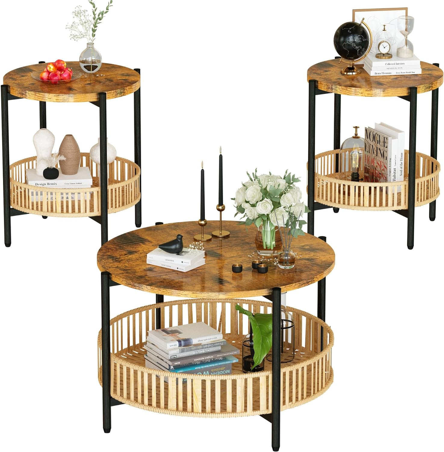 AWQM 3 Pieces Coffee Table Set for Living Room, 2 Tier Round Rattan Coffee End Side Table, Boho Living Room Table Set with Metal Frame for Bedroom Office