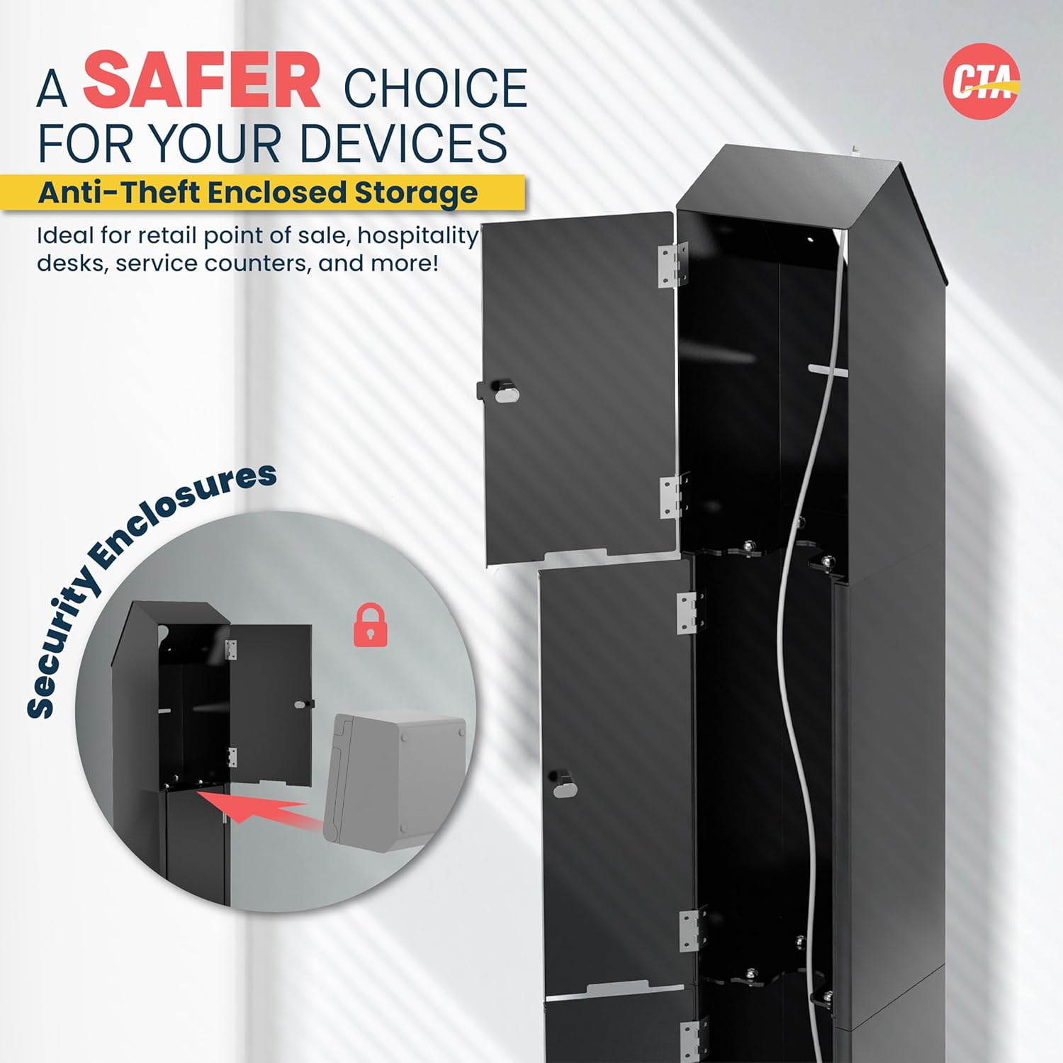 CTA Digital Kiosk with Printer Shelf VESA Compatible Floor Stand Kiosk with Enclosed Printer Storage & Cable Management for Retail POS - Ordering Screens & More - Black (PAD-PARAFP)