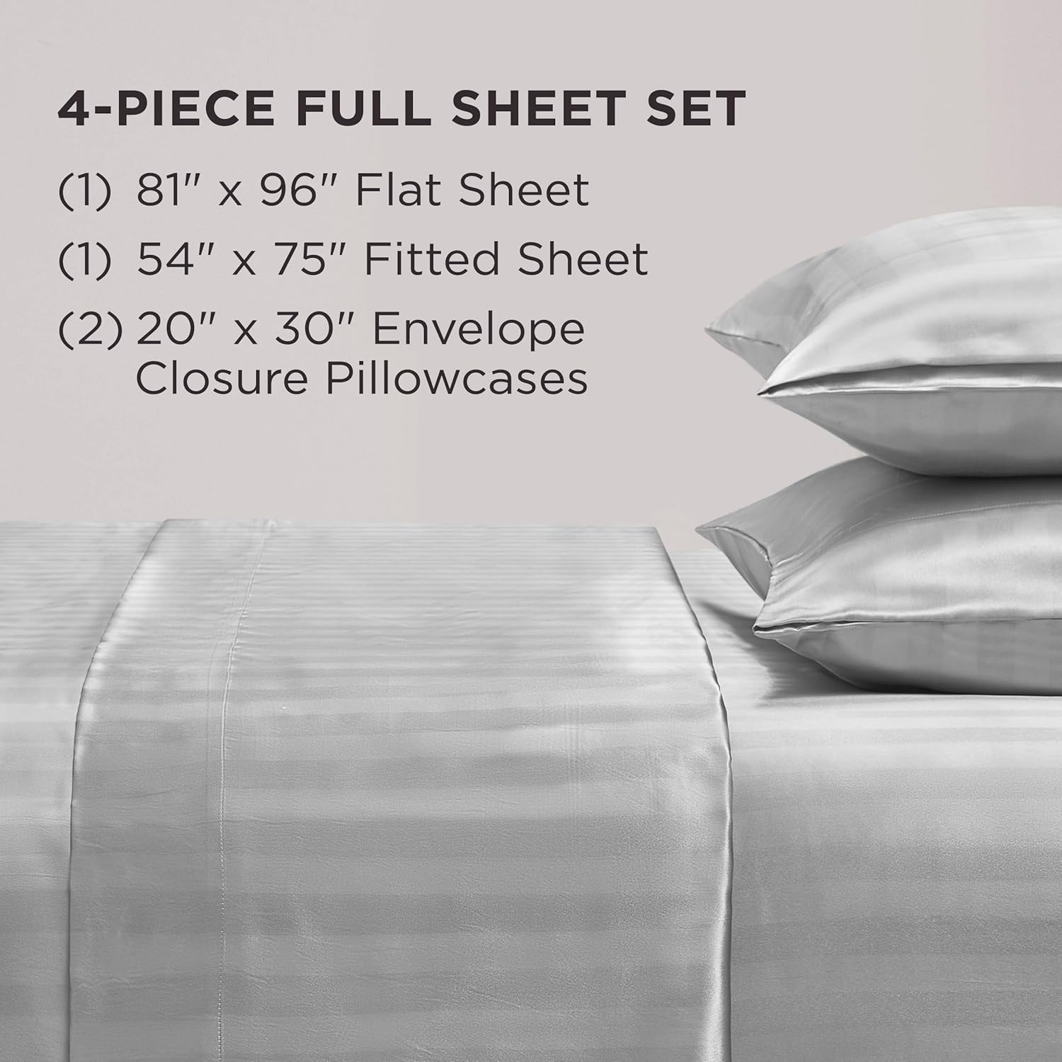 Juicy Couture Silky Satin Damask Sheet Set - Luxury Grey Bedding - Smooth Satin Striped Sheets - Full Size