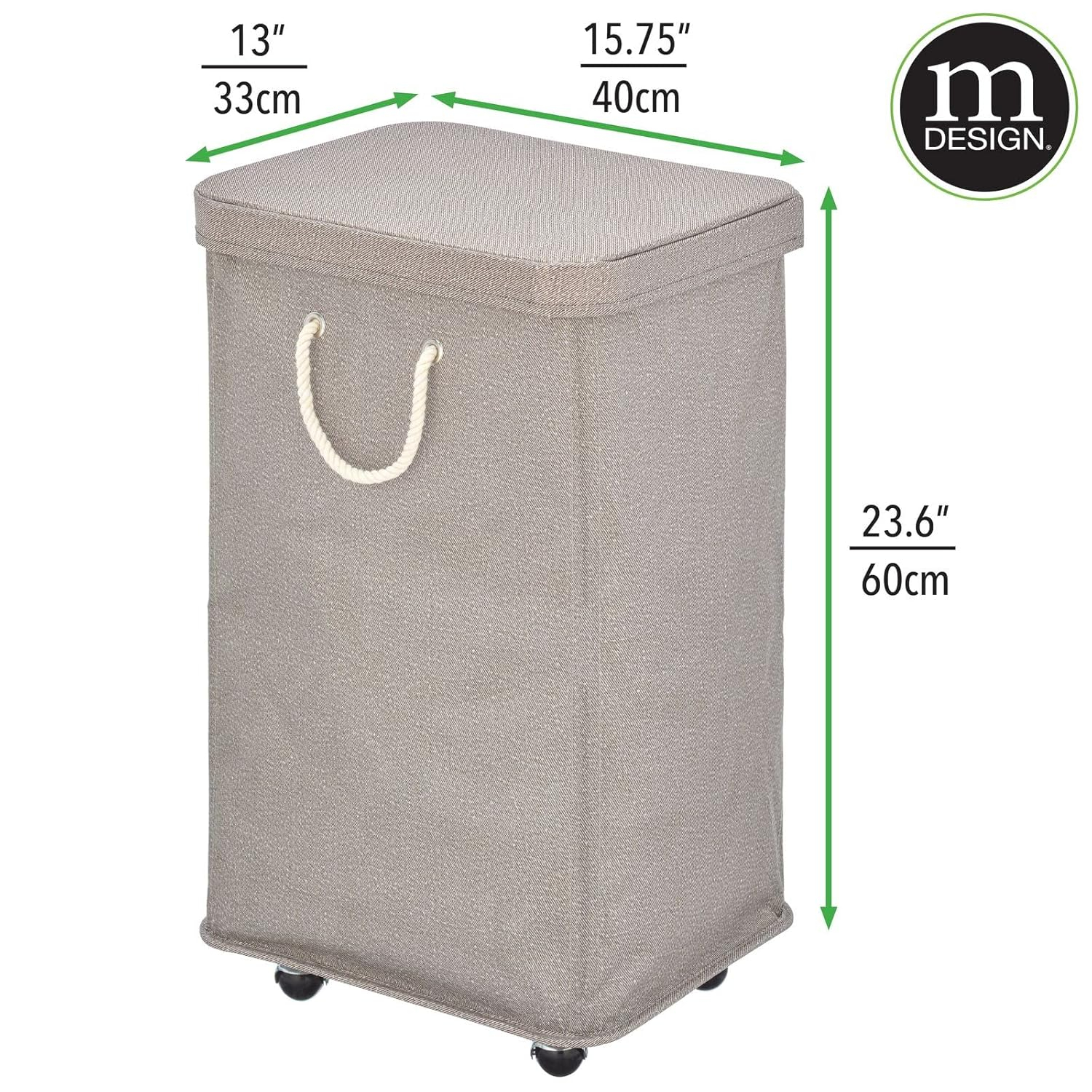 mDesign Large Polyester Rolling Laundry Hamper with Wheels, Lid, Handles, Taupe