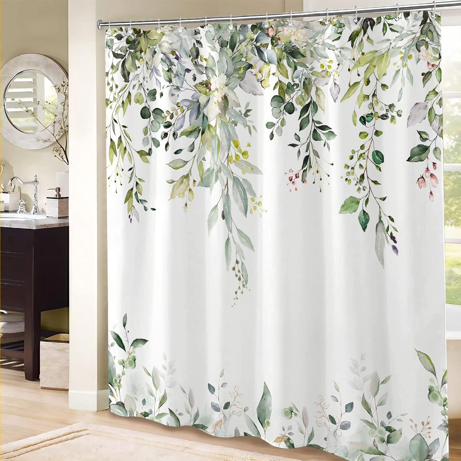 kampdream Eucalyptus Plant Rustic Shower Curtain, Watercolor Leaves On The Top Country Farm House Shower Curtain, Spring Botanical Bathroom Curtain 72 ×72 Inch