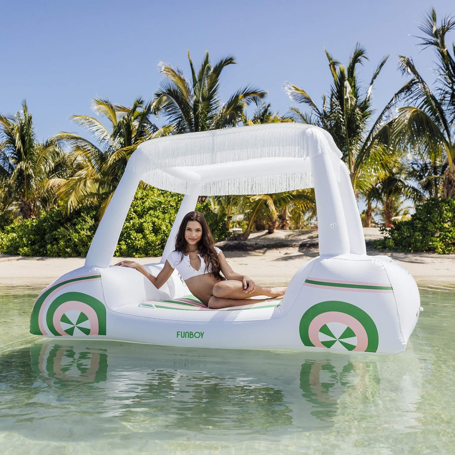 Oversized White and Green Inflatable Golf Cart Pool Lounger