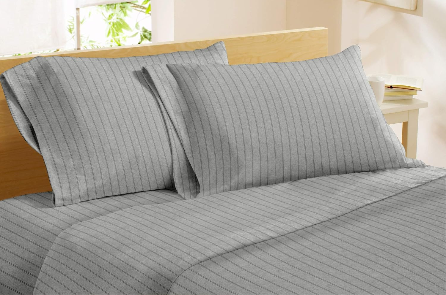 Dormisette  Luxury German Flannel 6-ounce Hemstitch Bed Sheet Set heather light grey stripe Queen Flannel, Cotton Striped Farmhouse, Modern &