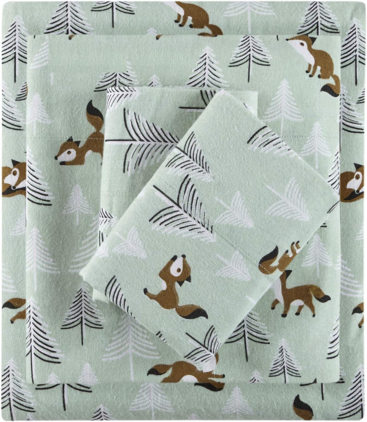 Intelligent Design Cozy Soft 4-Piece Full Cotton Flannel Printed Sheet Set, Seafoam Foxes