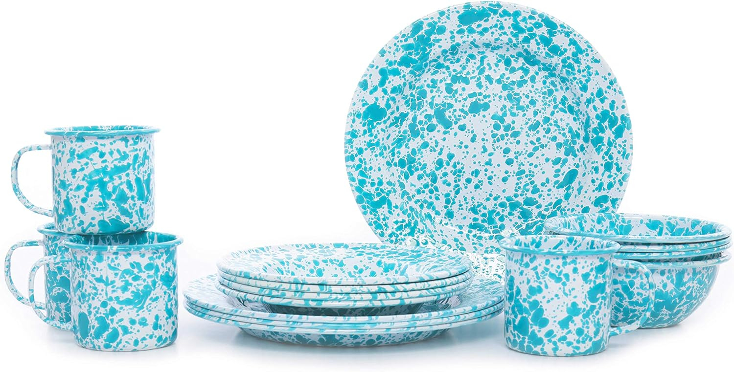 Turquoise and White Porcelain Outdoor Dinnerware Set for 4