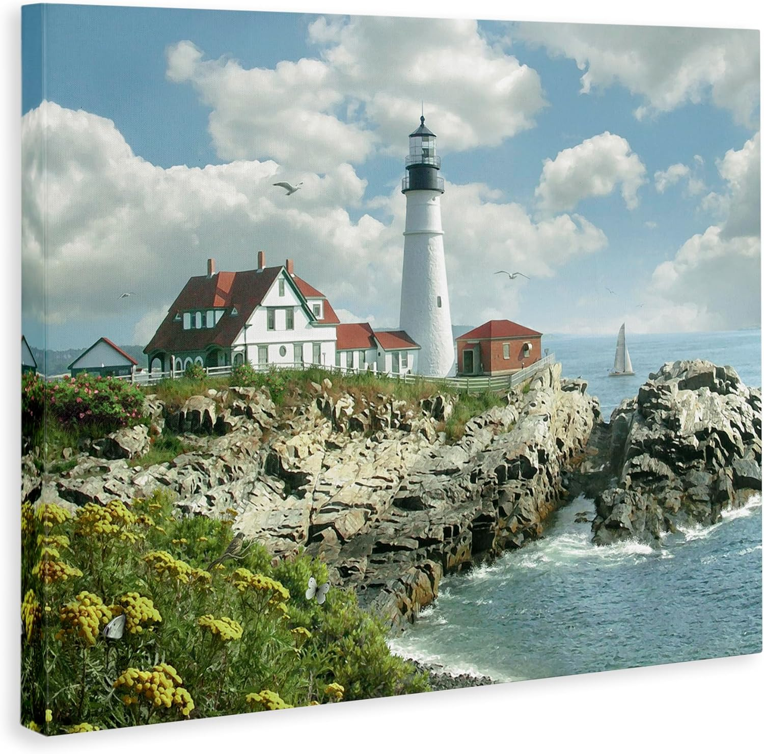 The Stupell Home Decor Collection Portland Head Lighthouse Scene Grassy Ocean Side Peninsula with Sail Boat Canvas Wall Art