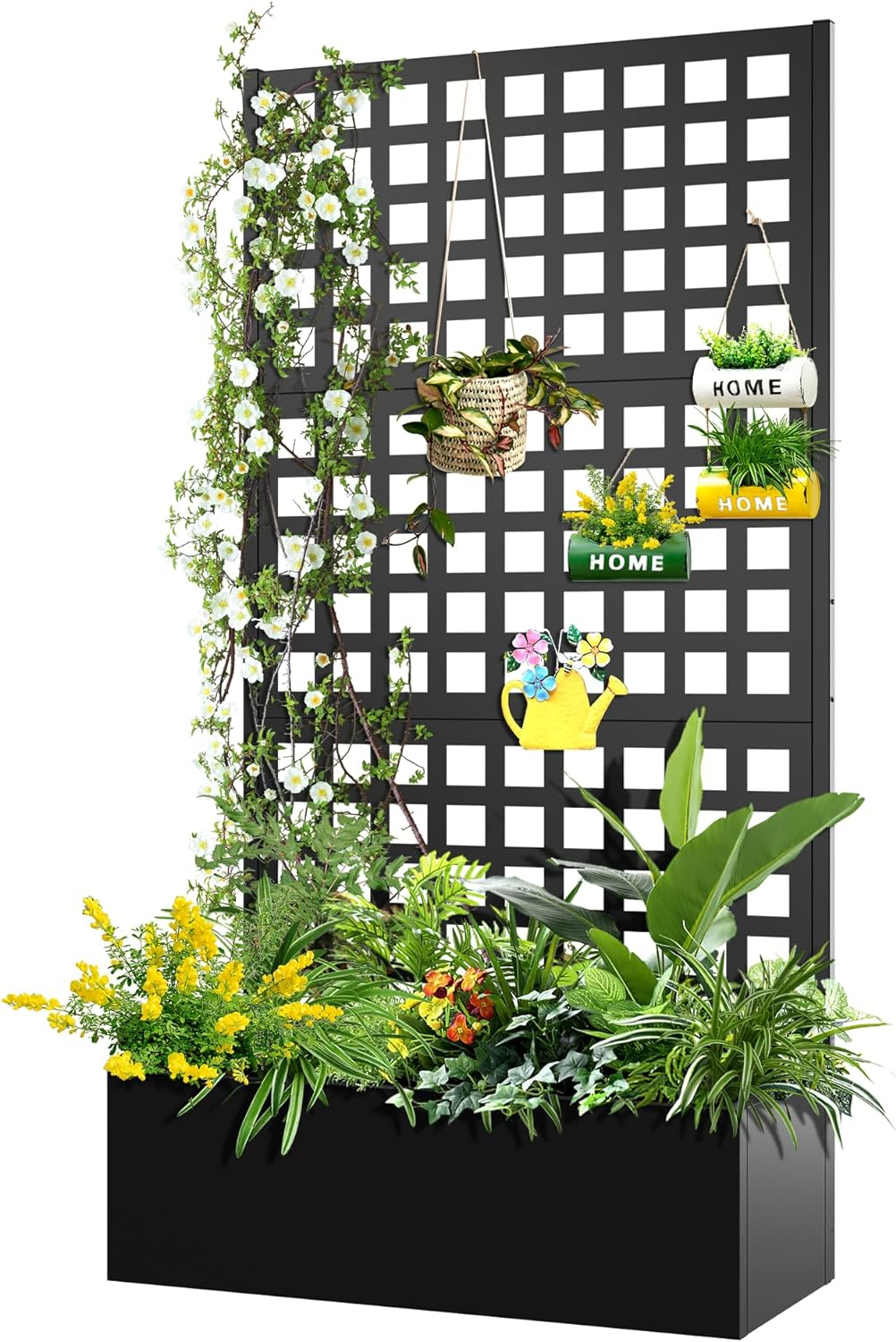 FENCY Metal Raised Garden Bed with Trellis, Metal Planter Box with Trellis, Garden Box for Climbing Plants Vegetable, 35''Lx16''Wx71''H Garden Bed with Drainage Holes(Black)