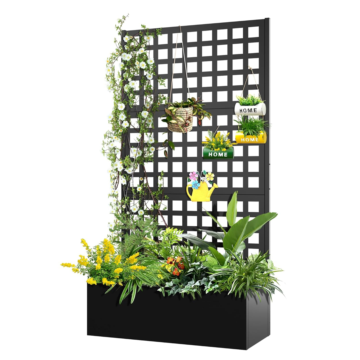 FENCY Metal Raised Garden Bed with Trellis, Metal Planter Box with Trellis, Garden Box for Climbing Plants Vegetable, 35''Lx16''Wx71''H Garden Bed with Drainage Holes(Black)