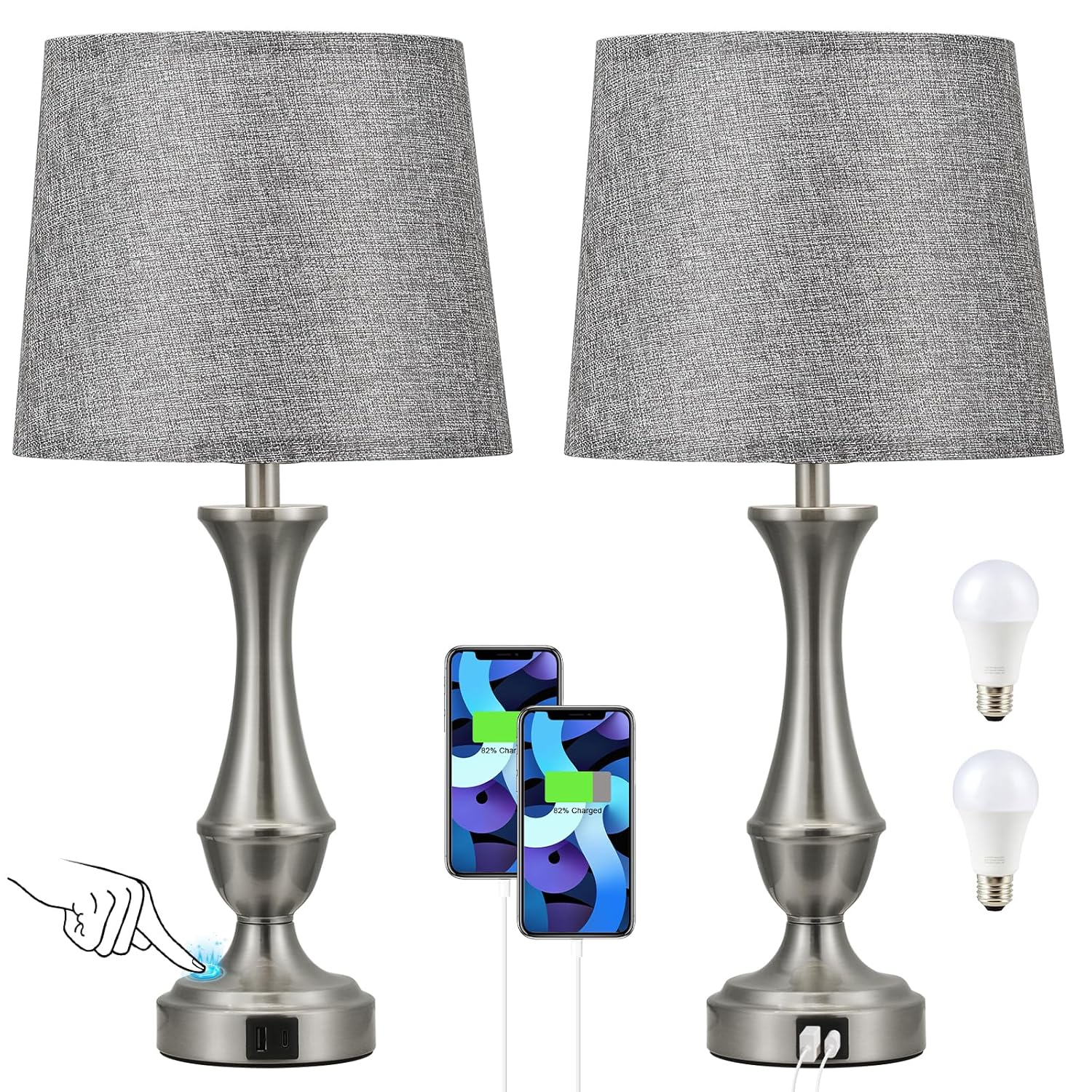Upgraded Touch Lamps for Night Stands Set of 2 - Bedside Lamps with USB C+A, 3 Way Dimmable for Bedroom Living Room End Tables Office (Grey&Nickel)