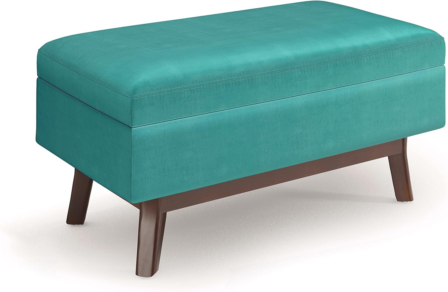 Simpli Home Owen 36 inch Wide Mid Century Modern Rectangle Small Rectangular Storage Ottoman in Aqua Blue Velvet Fabric