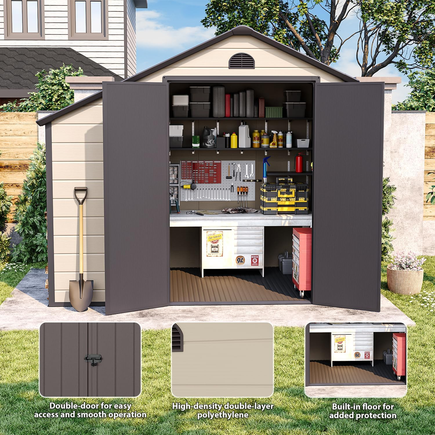 Outdoor Storage Shed 8.5x6.3 ft, Resin Storage Shed & Firewood Rack, Patio Storage Sheds Outdoor with Floor, Lockable Door, Airflow Vent, Multi-Purpose Storage Shed Room for Backyard, Garden, Lawn