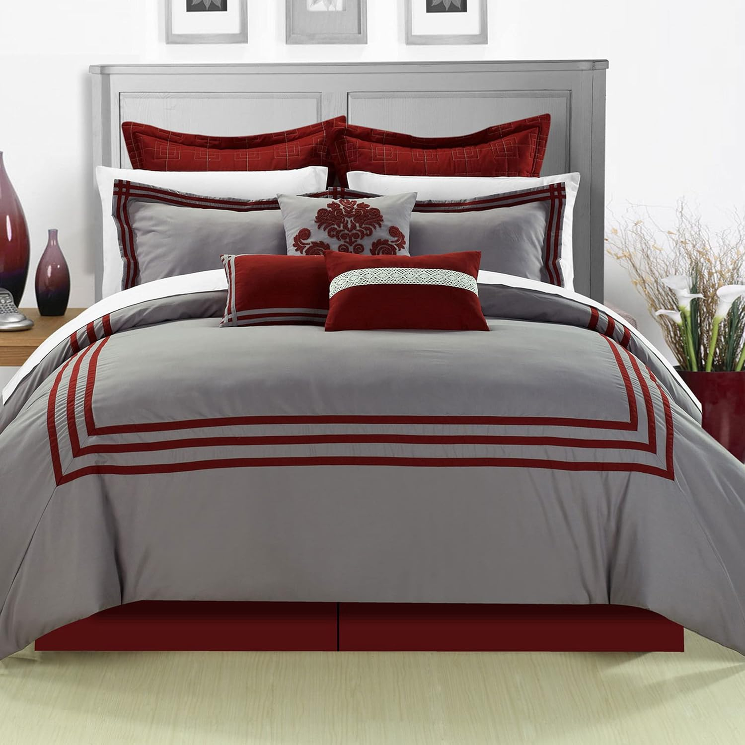 Chic Home 126CK111-US Cosmo Embroidered Comforter Set - Red - King - 8 Piece